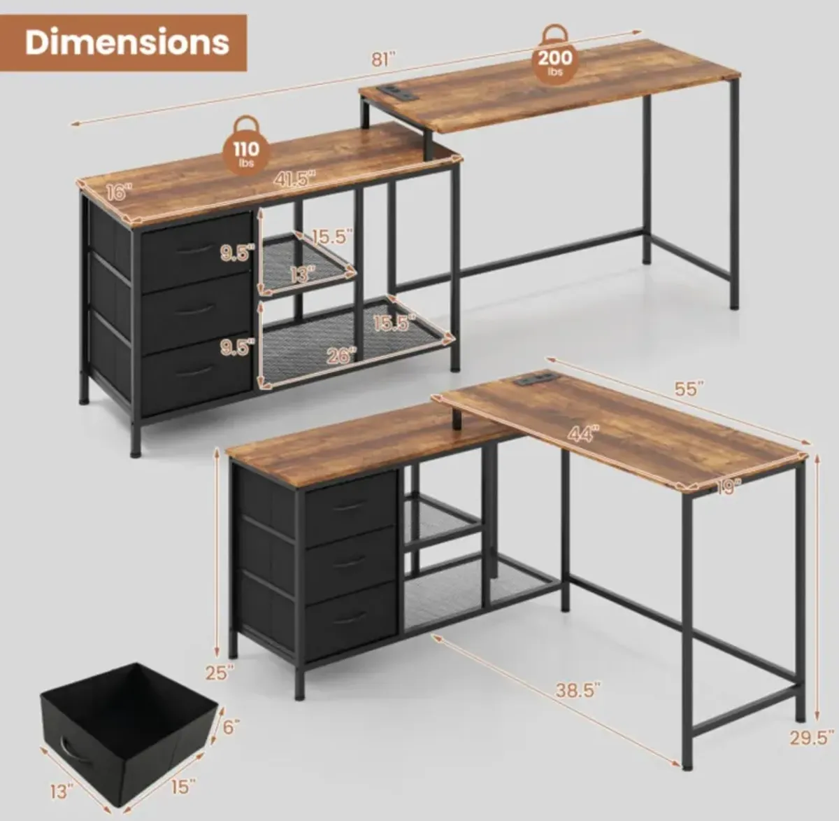 Hivvago L-shaped Computer Desk with Power Outlet for Working Studying Gaming