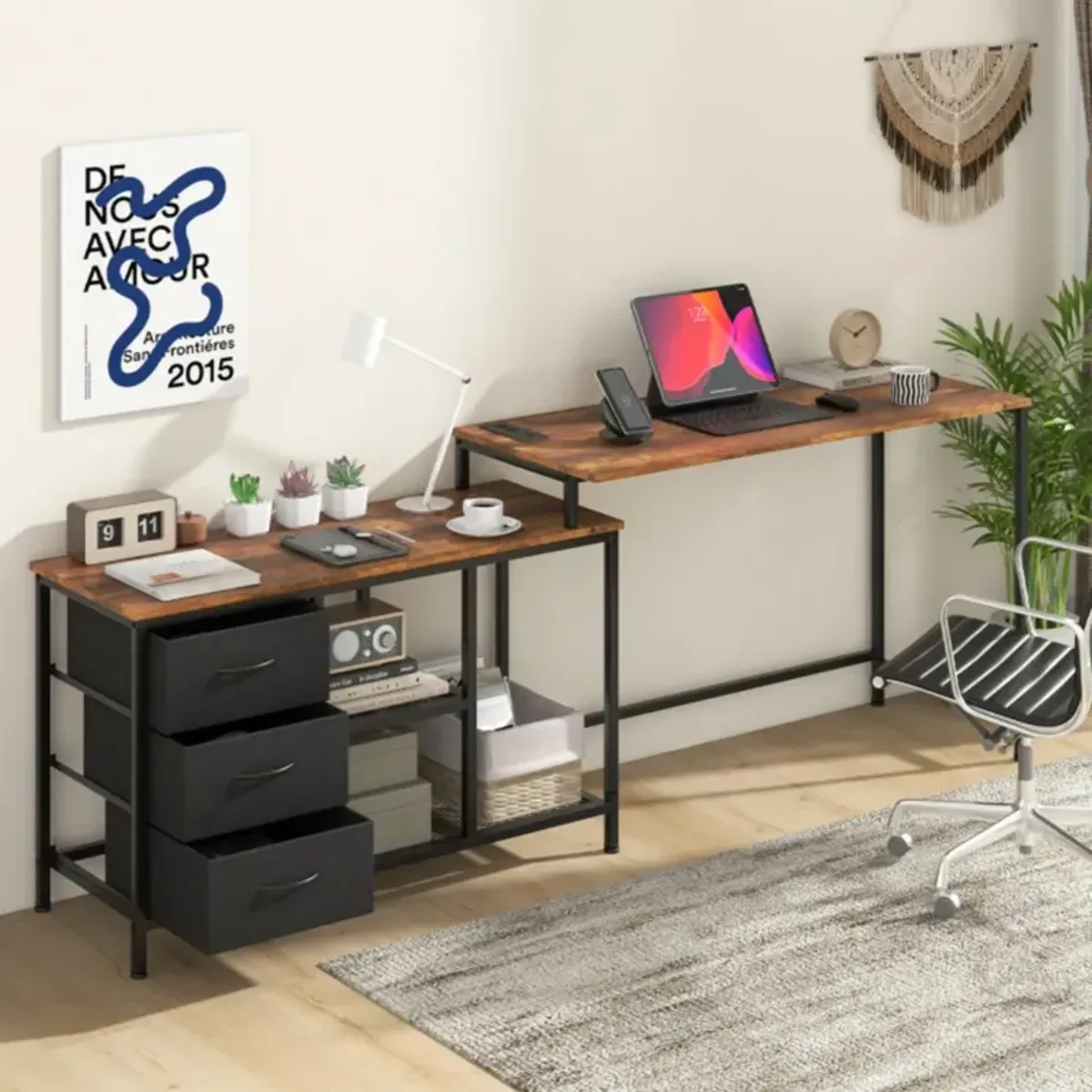 Hivvago L-shaped Computer Desk with Power Outlet for Working Studying Gaming