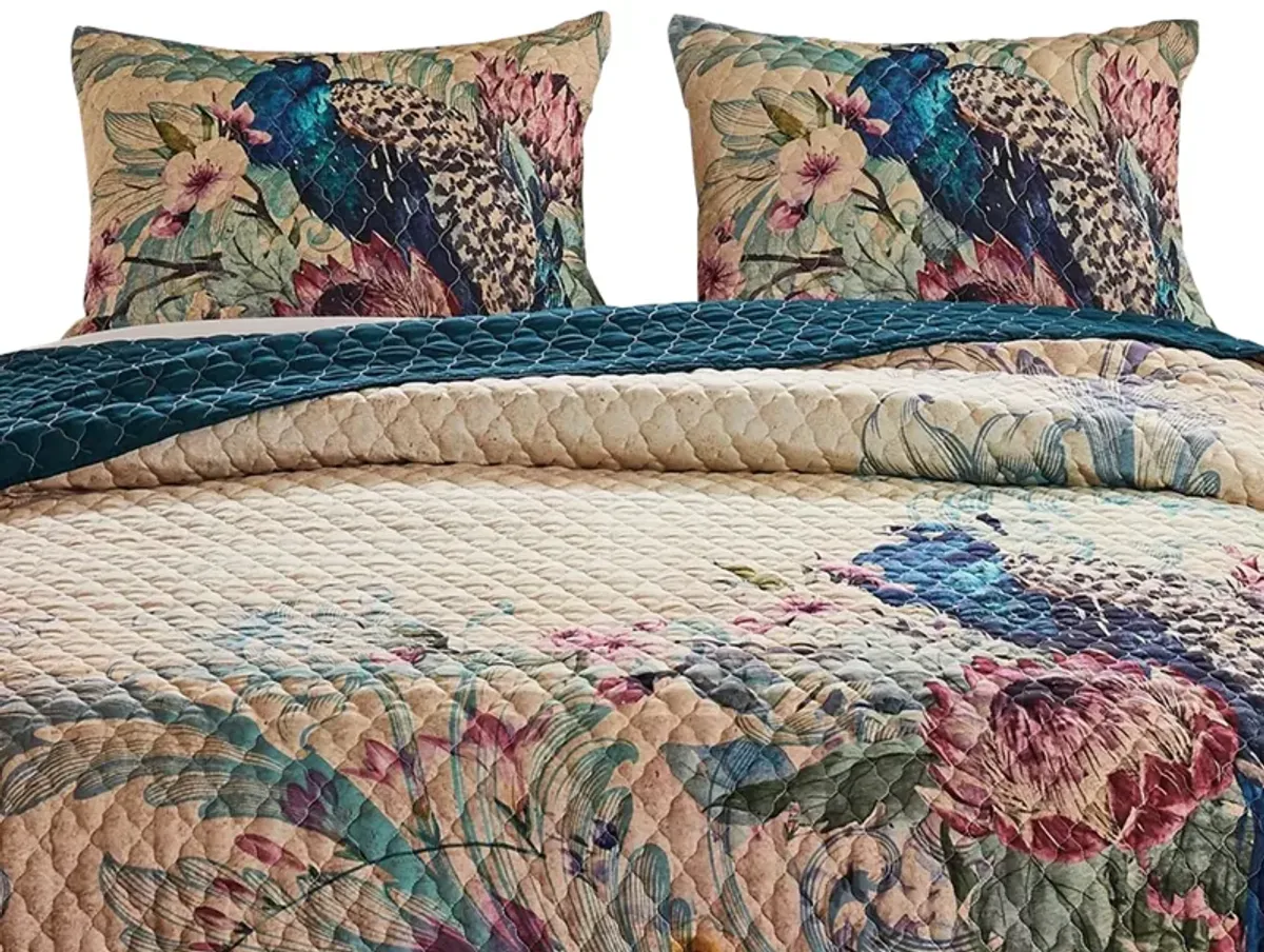 3 Piece Queen Size Quilt Set with Floral Print and Crochet Trim, Multicolor - Benzara