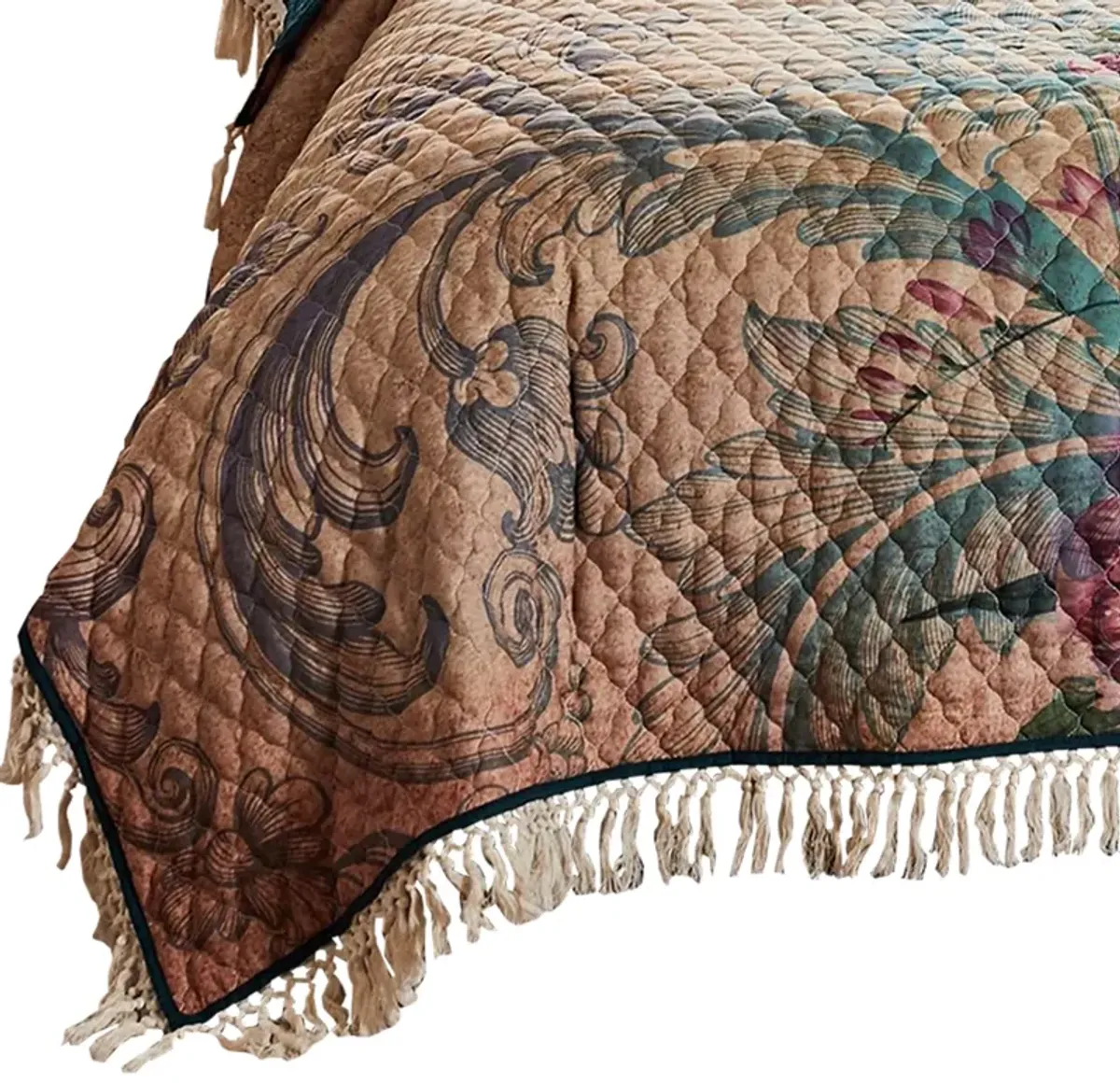 3 Piece Queen Size Quilt Set with Floral Print and Crochet Trim, Multicolor - Benzara
