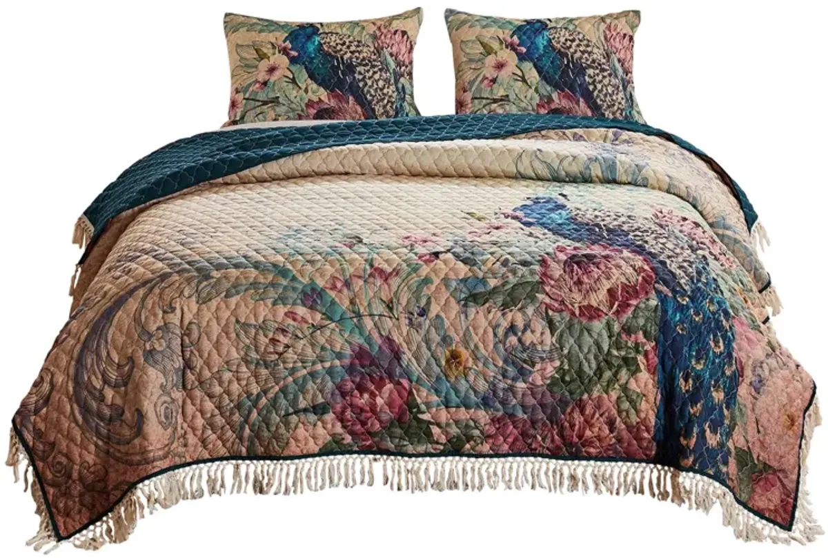 3 Piece Queen Size Quilt Set with Floral Print and Crochet Trim, Multicolor - Benzara