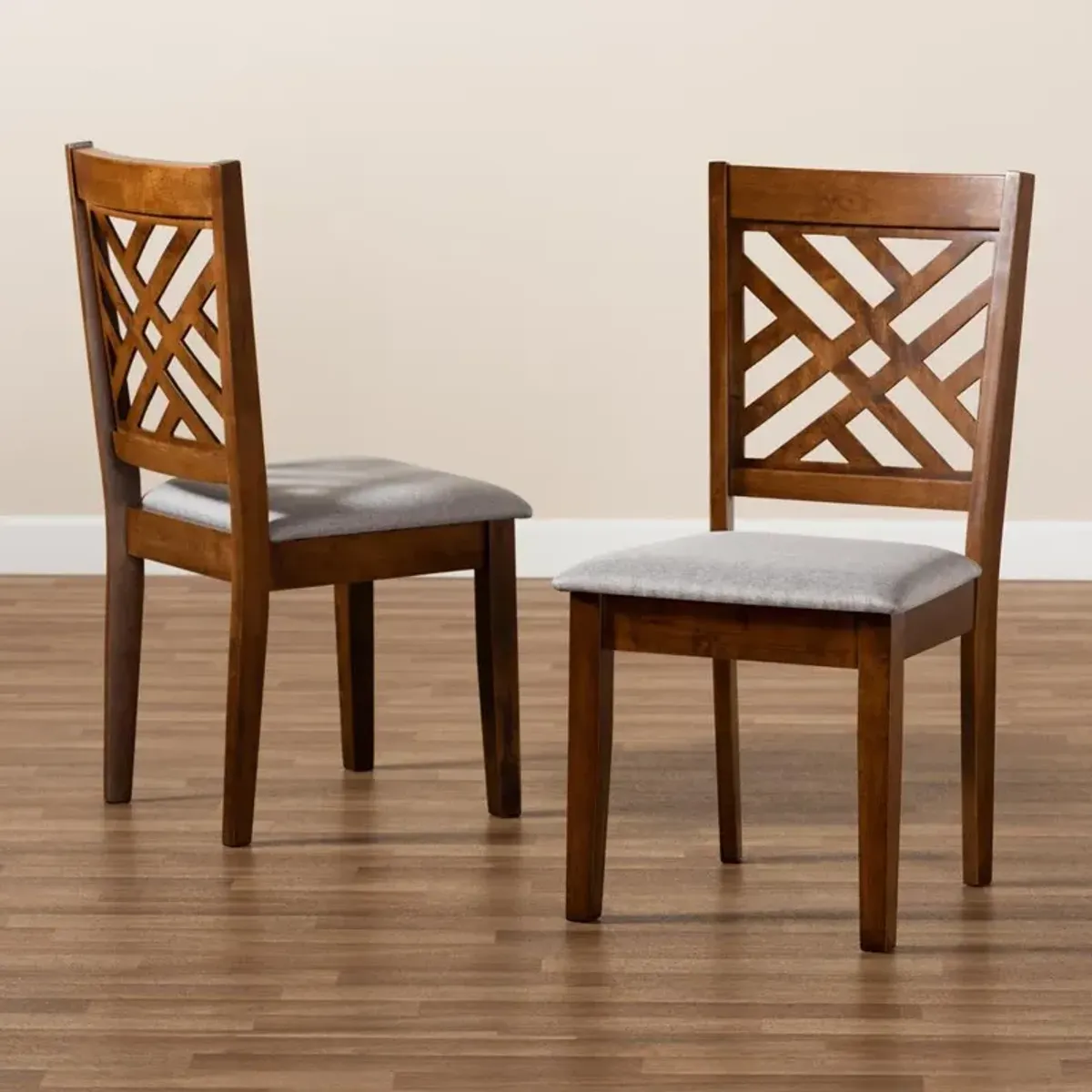 Grey Fabric Upholstered and Walnut Brown Finished Wood 2-Piece Dining Chair Set