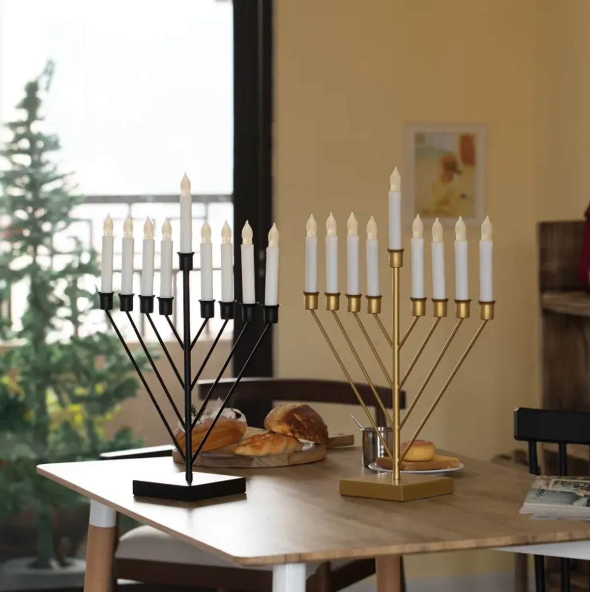 Nine Branch Electric Chabad Judaica Chanukah Menorah with LED Candle Design Candlestick, Black