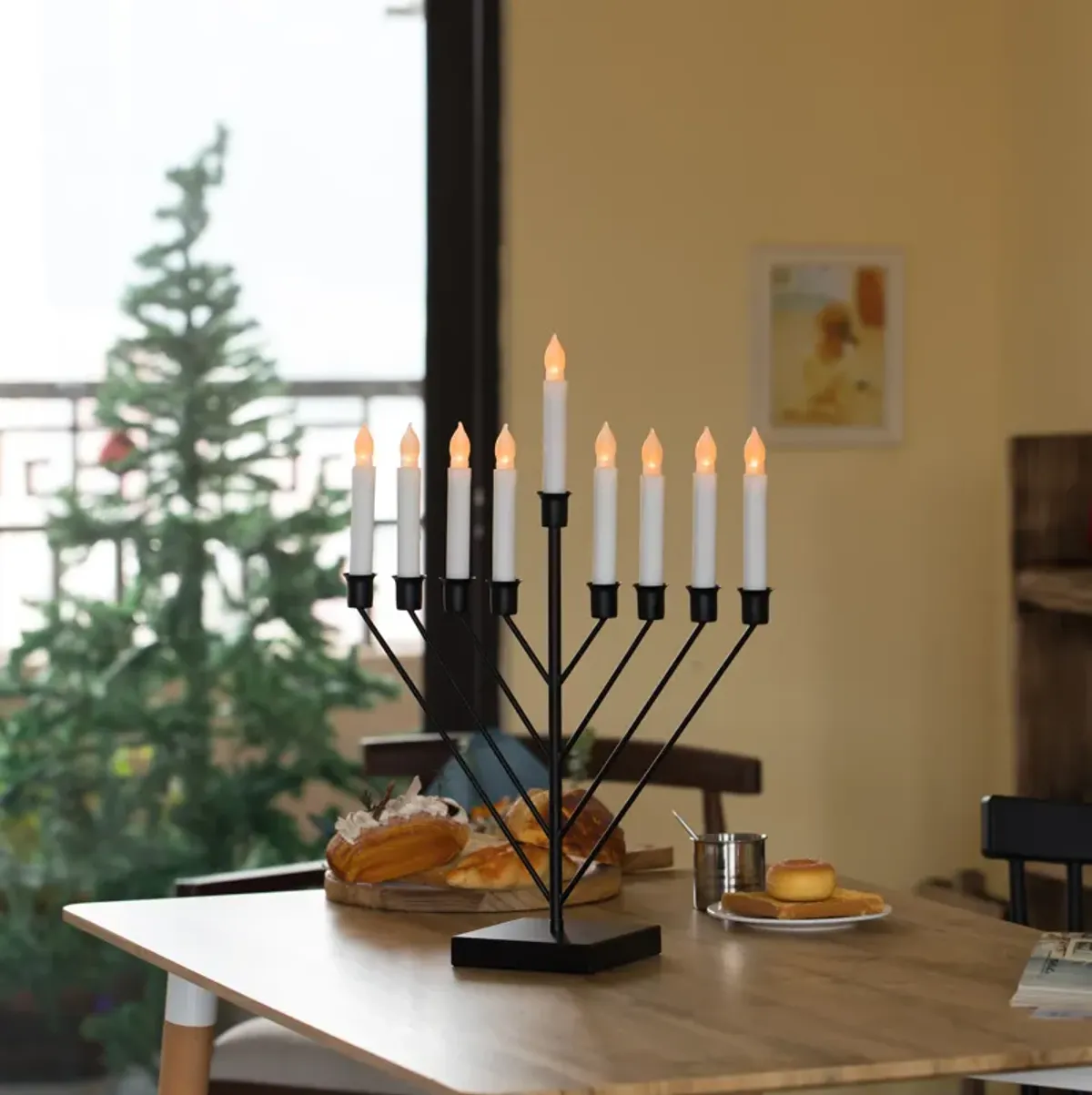 Nine Branch Electric Chabad Judaica Chanukah Menorah with LED Candle Design Candlestick, Black