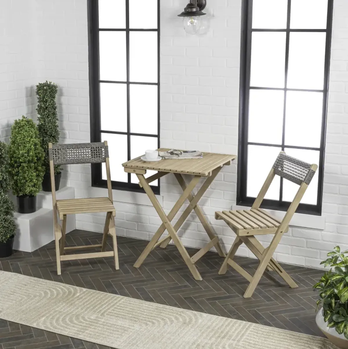 Sitges Modern Mid-Century 3-Piece Roped Acacia Wood Outdoor Folding Bistro Set