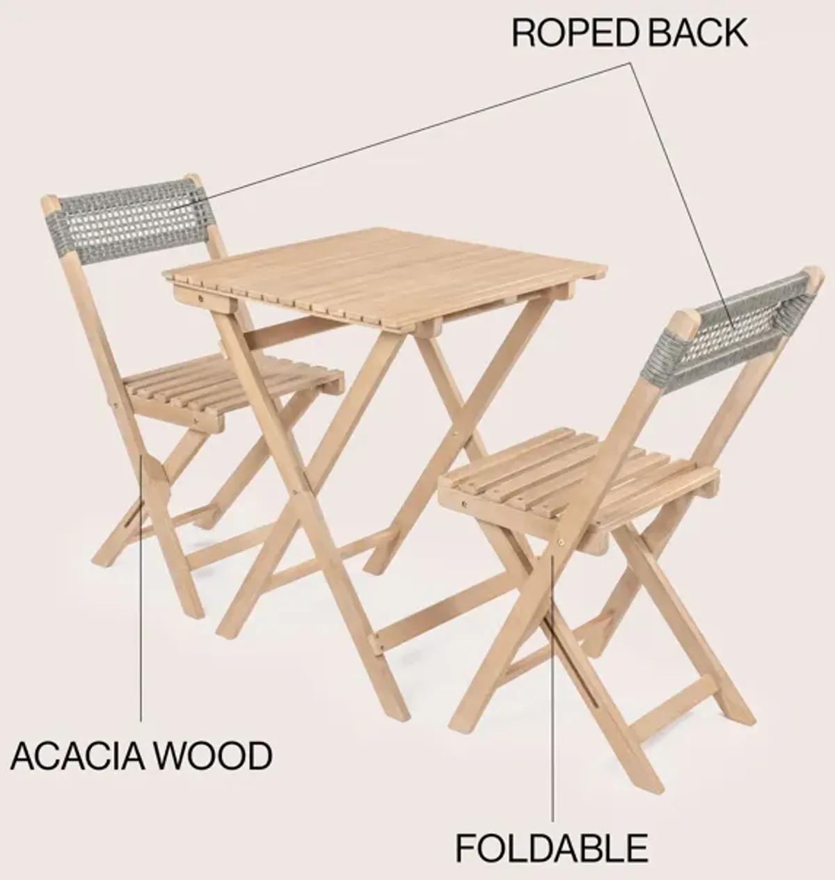 Sitges Modern Mid-Century 3-Piece Roped Acacia Wood Outdoor Folding Bistro Set