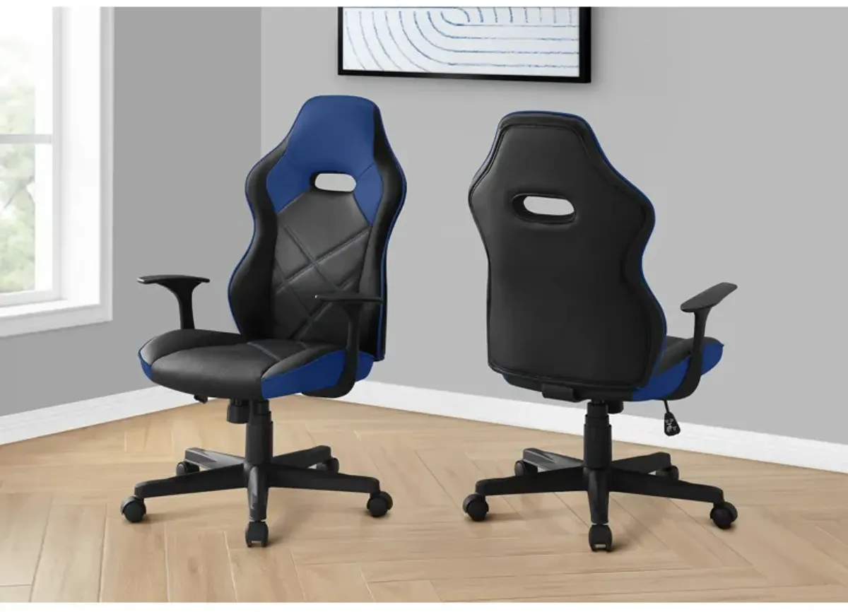 Monarch Specialties I 7328 Office Chair, Gaming, Adjustable Height, Swivel, Ergonomic, Armrests, Computer Desk, Work, Pu Leather Look, Metal, Blue, Black, Contemporary, Modern