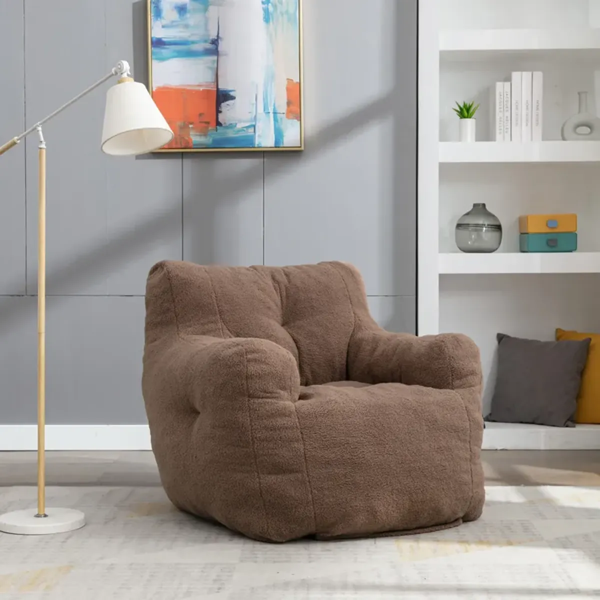 Streamdale Soft Tufted Foam Bean Bag Chair With Teddy Fabric Coffee Brown