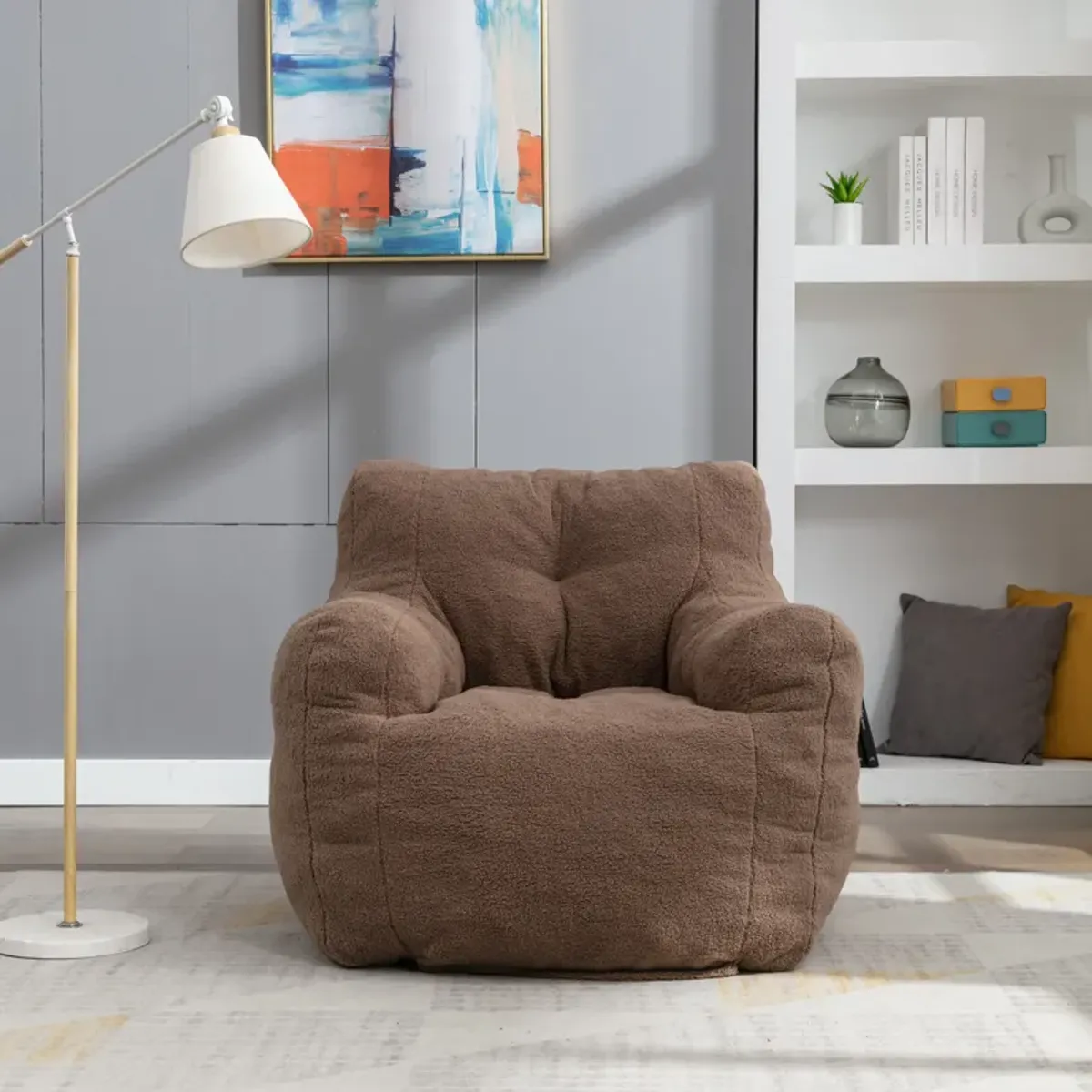 Streamdale Soft Tufted Foam Bean Bag Chair With Teddy Fabric Coffee Brown