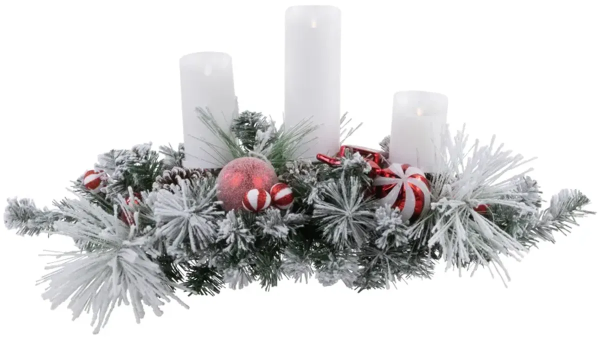 32" Red and White Triple Candle Holder with Flocked Pine and Christmas Ornaments