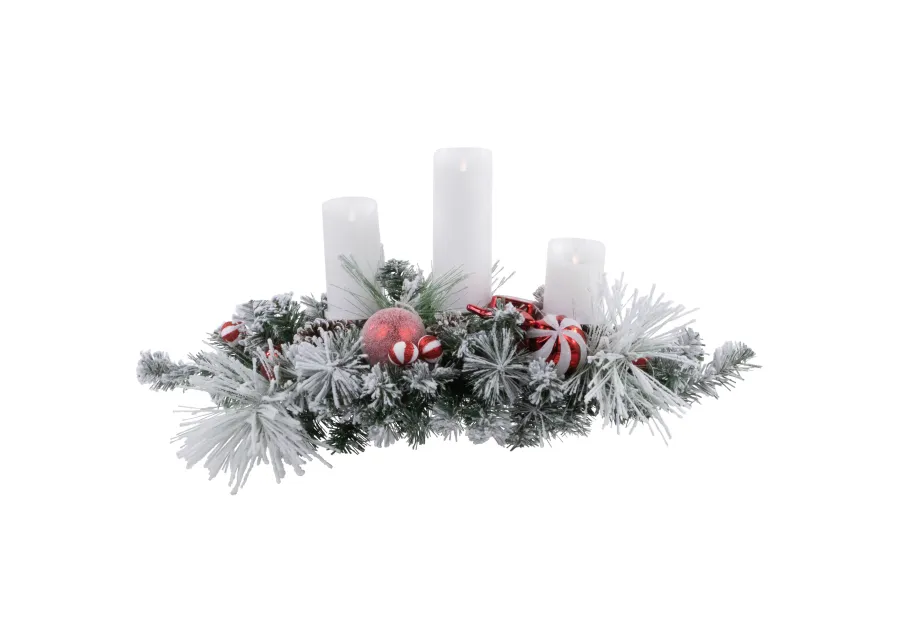 32" Red and White Triple Candle Holder with Flocked Pine and Christmas Ornaments