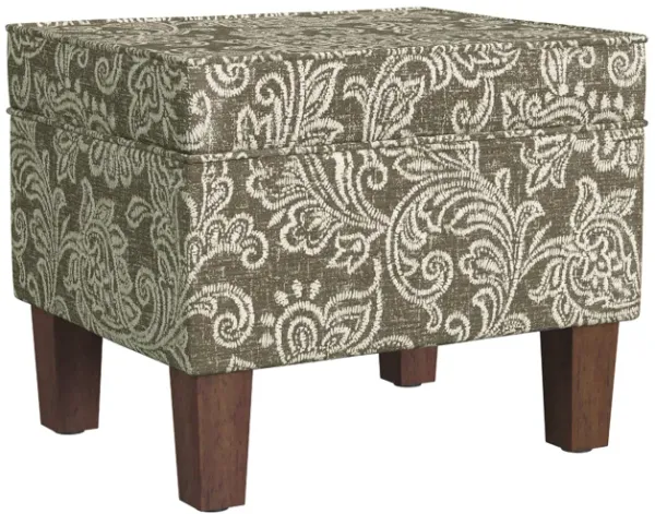 Ishi Accent Storage Ottoman, 22 Inch Brown White Classic Floral Print - Benzara