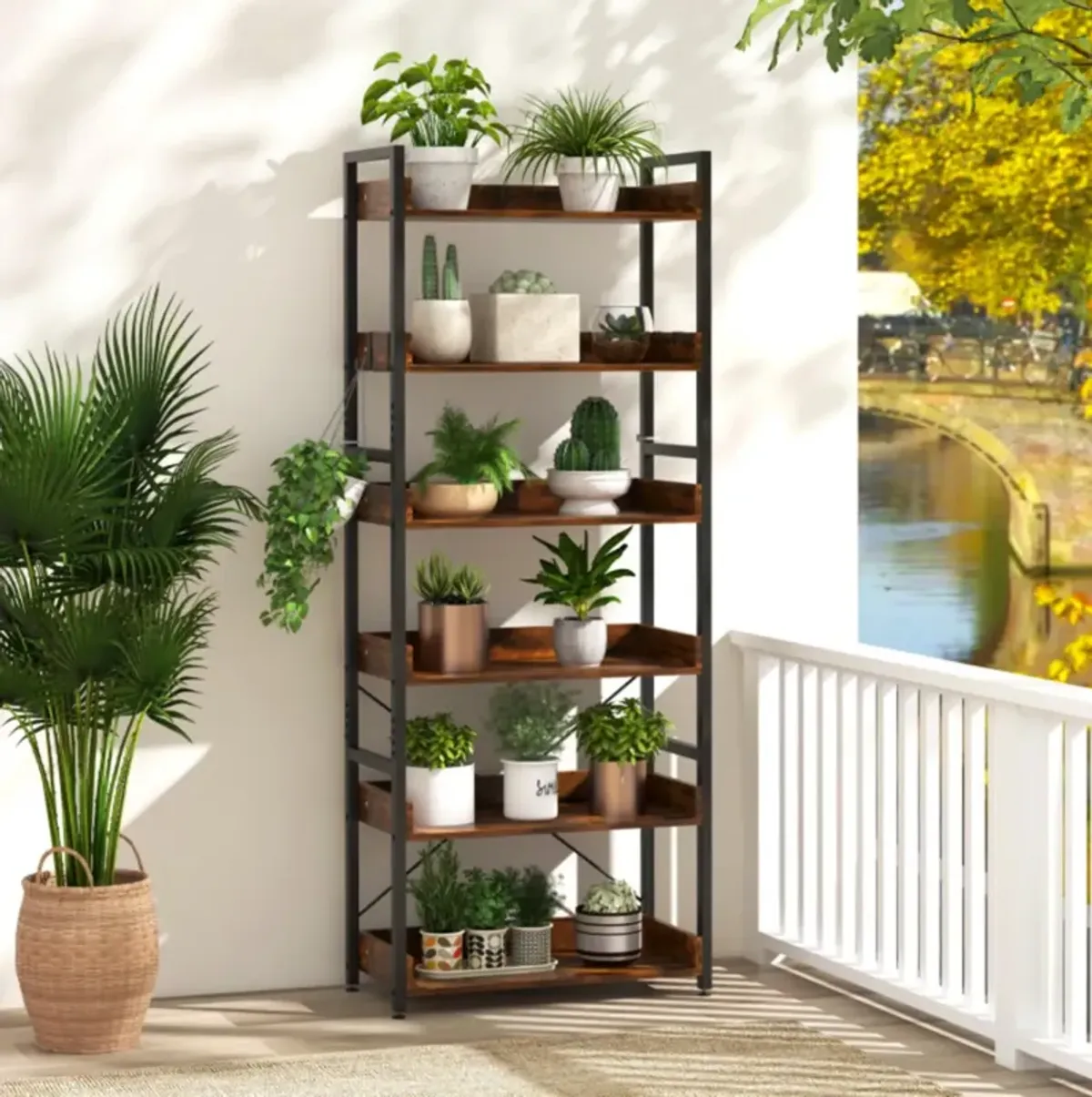 Hivvago 6-Tier Tall Industrial Bookcase with Open Shelves and 4 Hooks-Brown