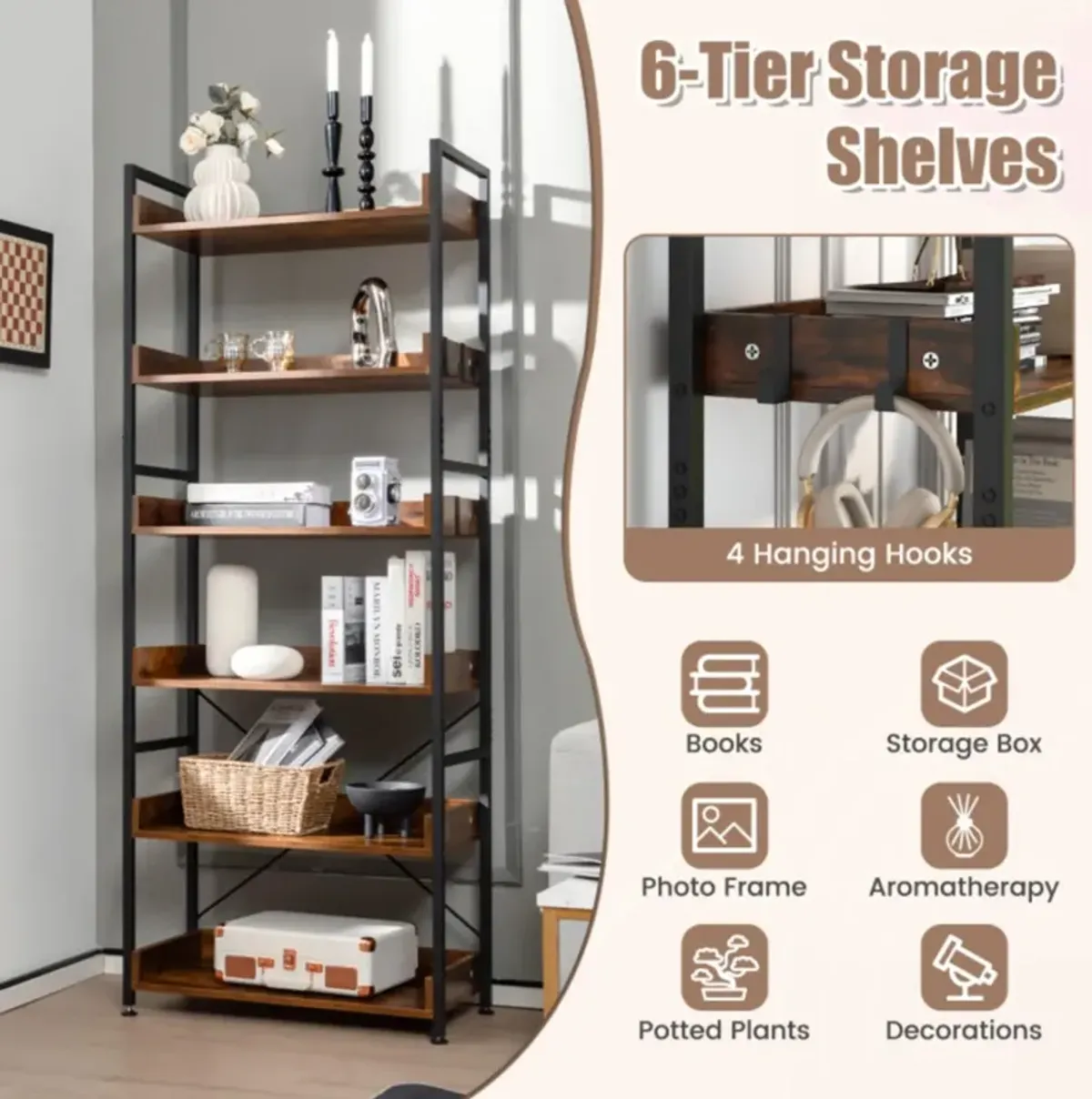 Hivvago 6-Tier Tall Industrial Bookcase with Open Shelves and 4 Hooks-Brown