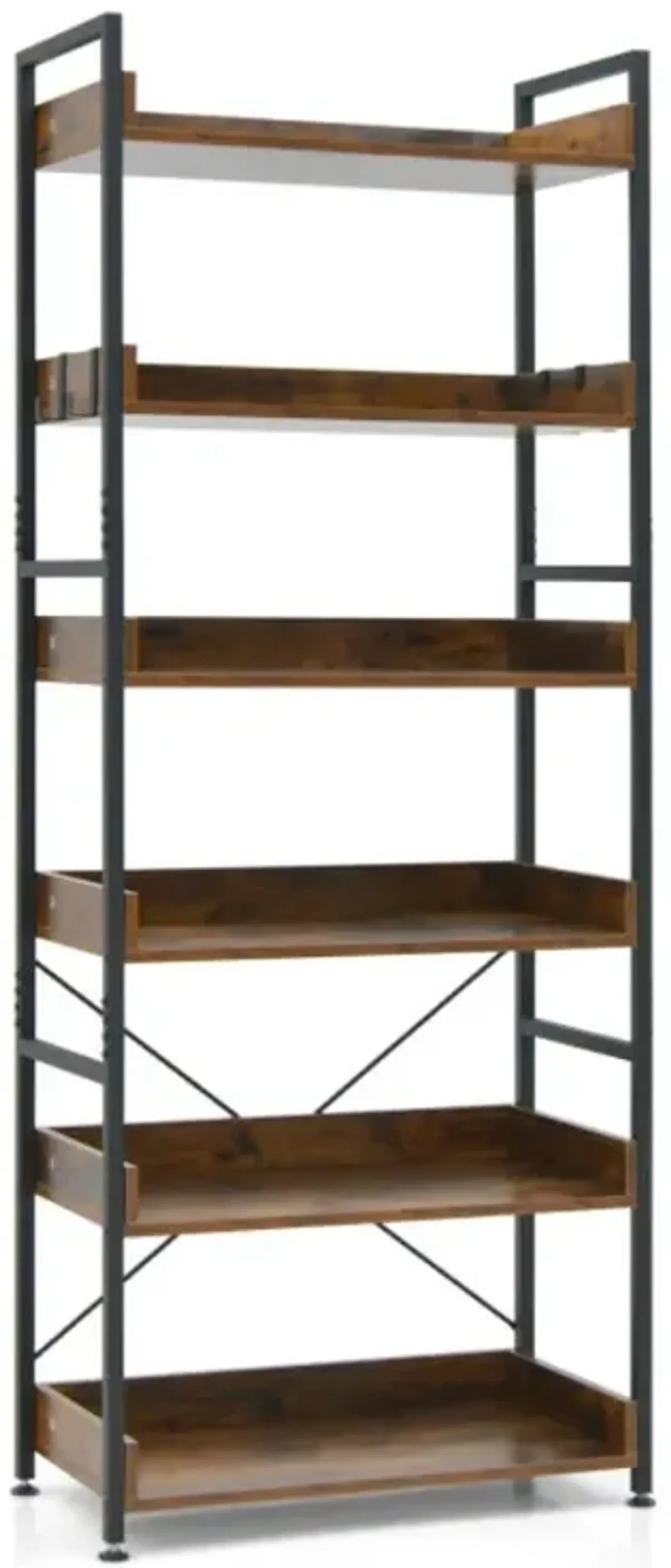 Hivvago 6-Tier Tall Industrial Bookcase with Open Shelves and 4 Hooks