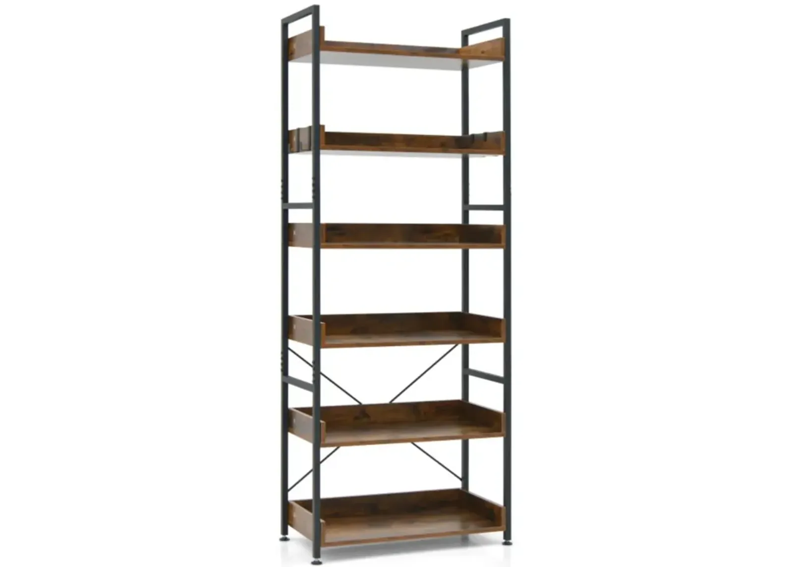 Hivvago 6-Tier Tall Industrial Bookcase with Open Shelves and 4 Hooks-Brown