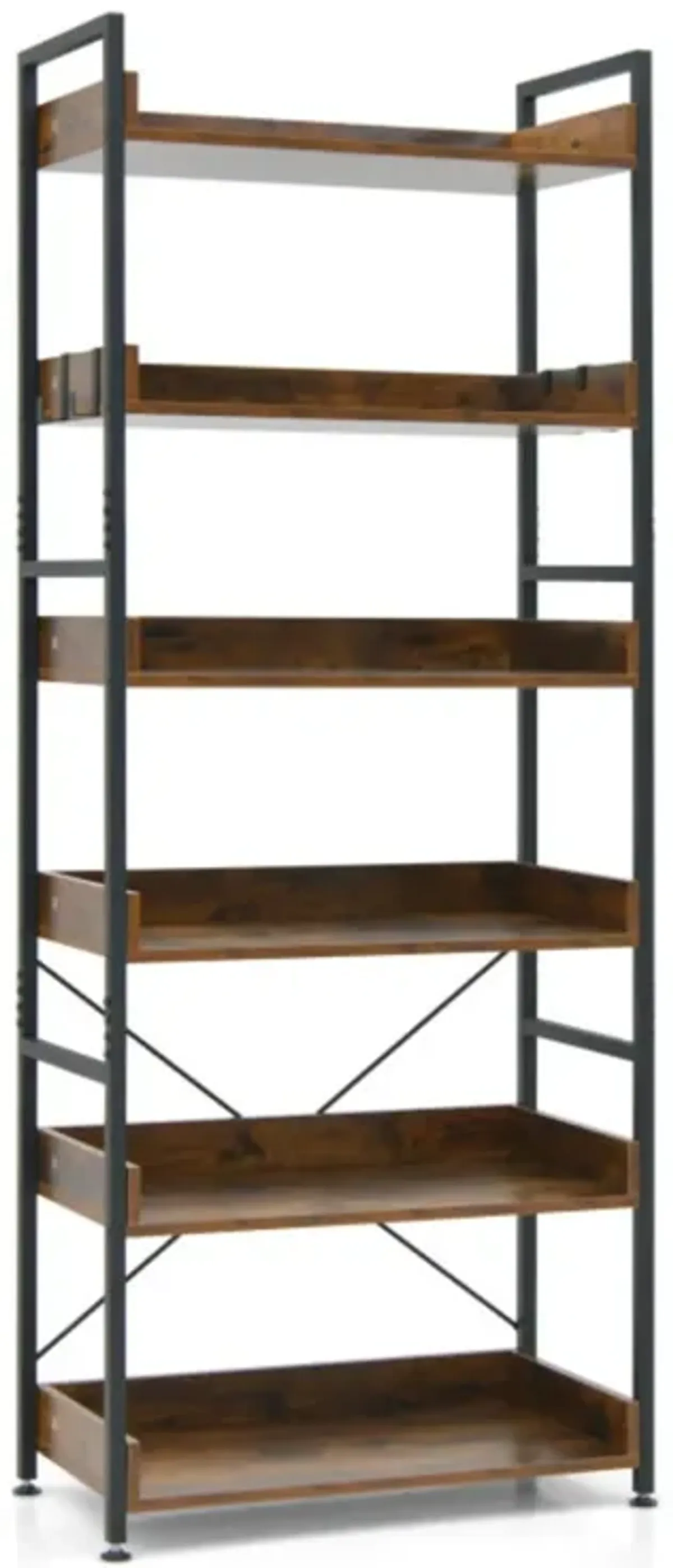 Hivvago 6-Tier Tall Industrial Bookcase with Open Shelves and 4 Hooks-Brown