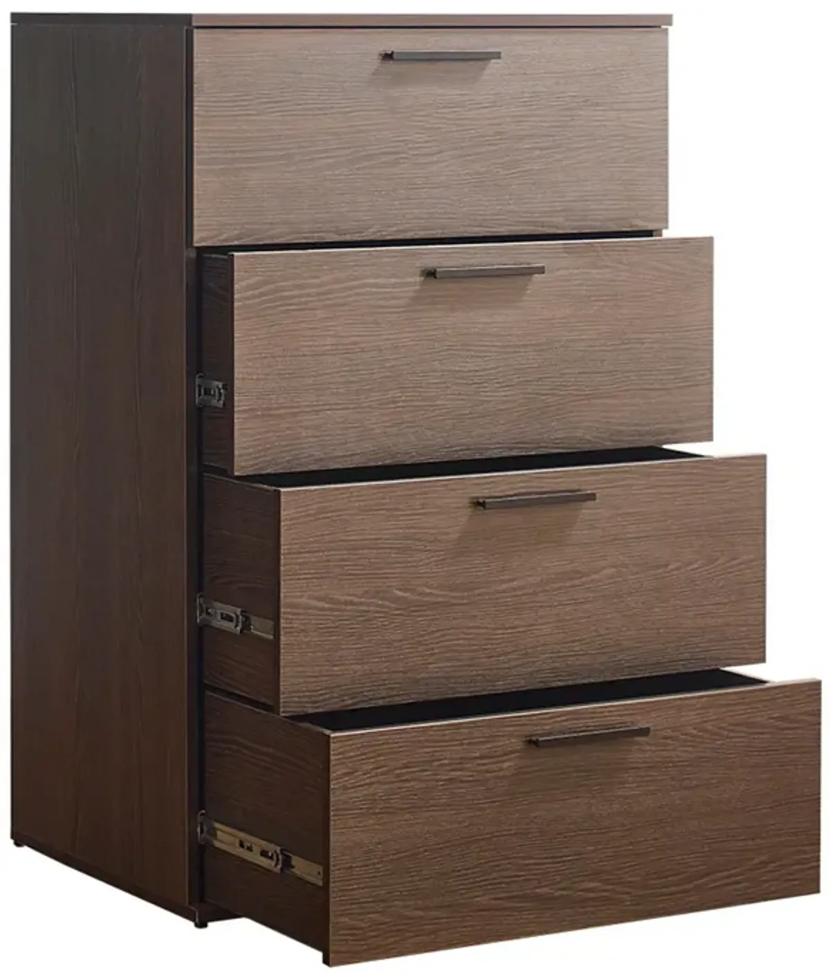 Levy Tall Dresser Chest, 4 Jumbo Drawers, Farmhouse Dark Brown Wood Finish - Benzara