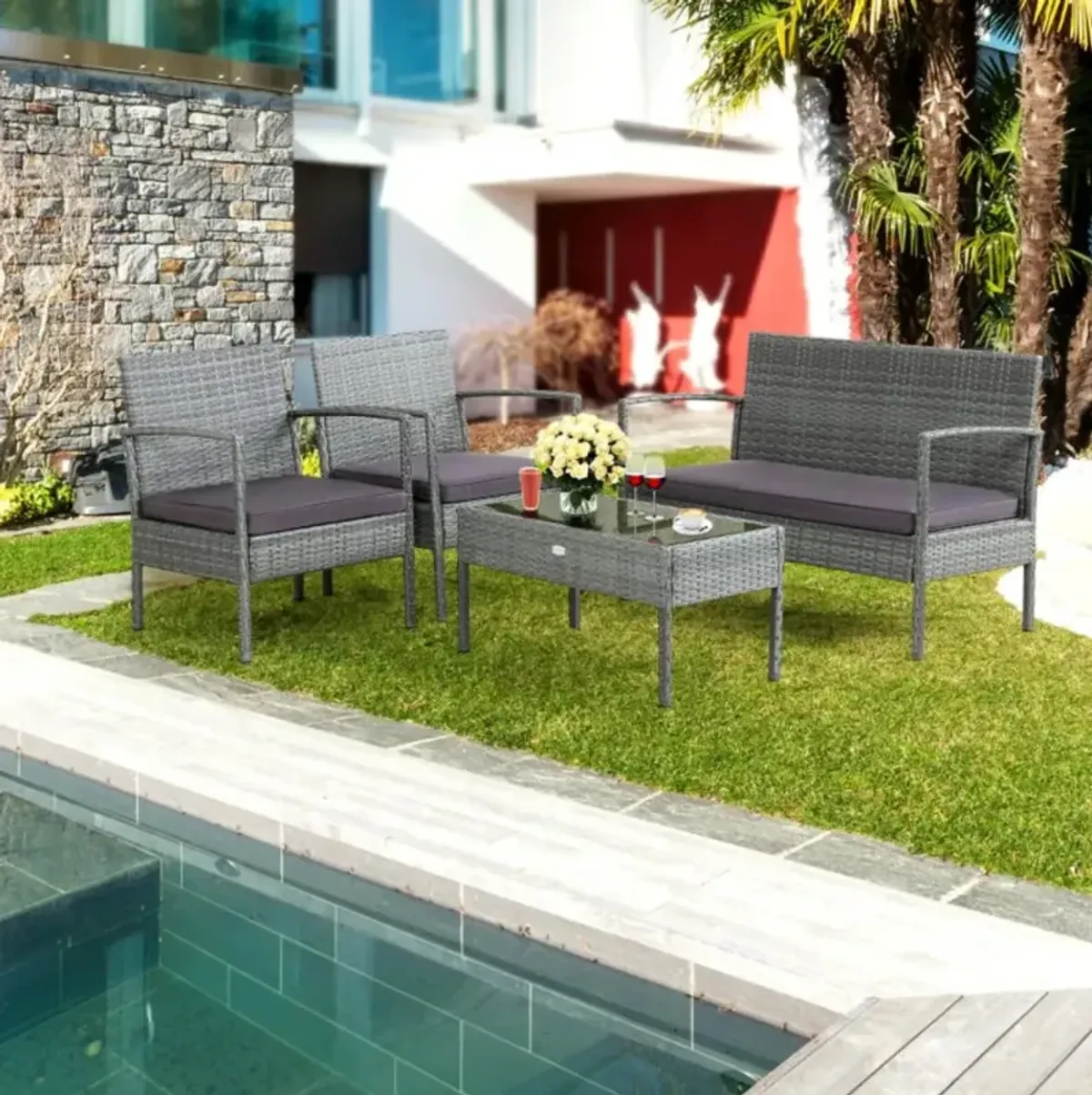 Hivvago 4 Pieces Outdoor Rattan Conversation Set with Comfortable Cushion