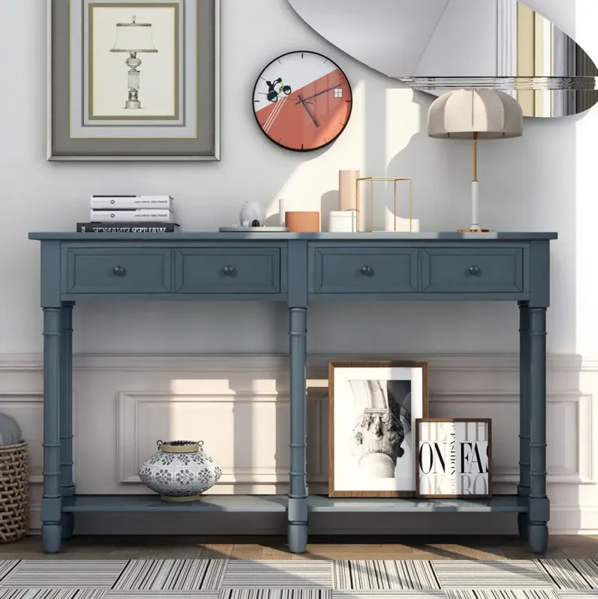 Console Table Sofa Table Easy Assembly with Two Storage Drawers and Bottom Shelf for Living Room, Entryway (Navy)