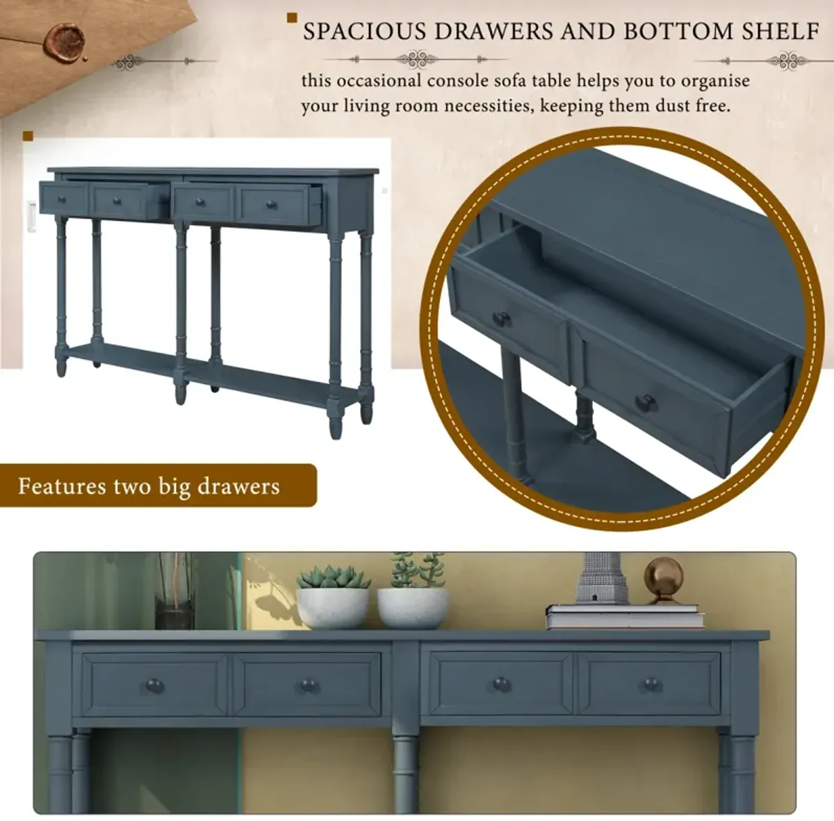 Console Table Sofa Table Easy Assembly with Two Storage Drawers and Bottom Shelf for Living Room, Entryway (Navy)