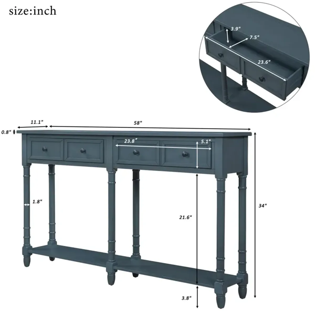 Console Table Sofa Table Easy Assembly with Two Storage Drawers and Bottom Shelf for Living Room, Entryway (Navy)