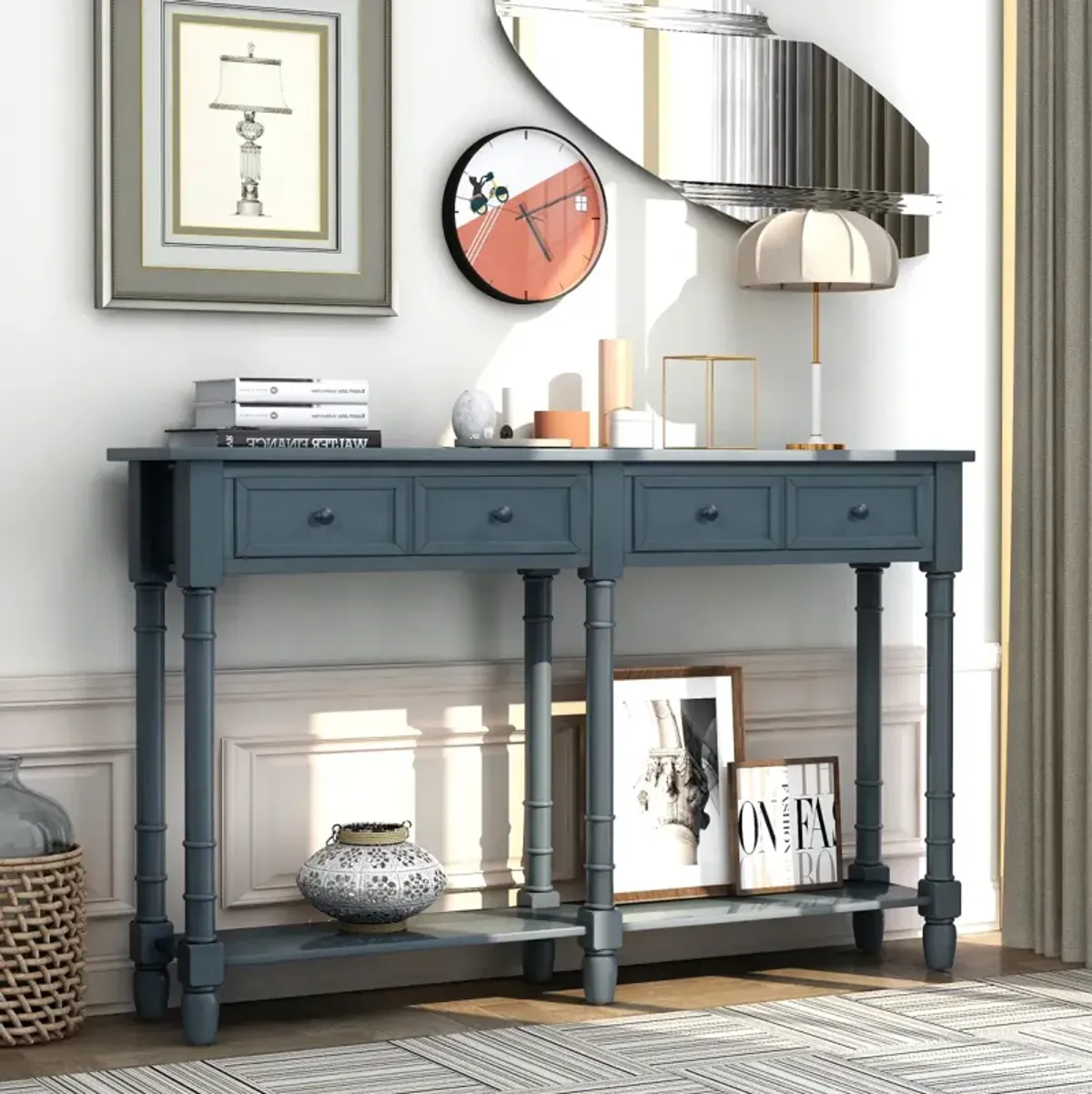 Console Table Sofa Table Easy Assembly with Two Storage Drawers and Bottom Shelf for Living Room, Entryway (Navy)