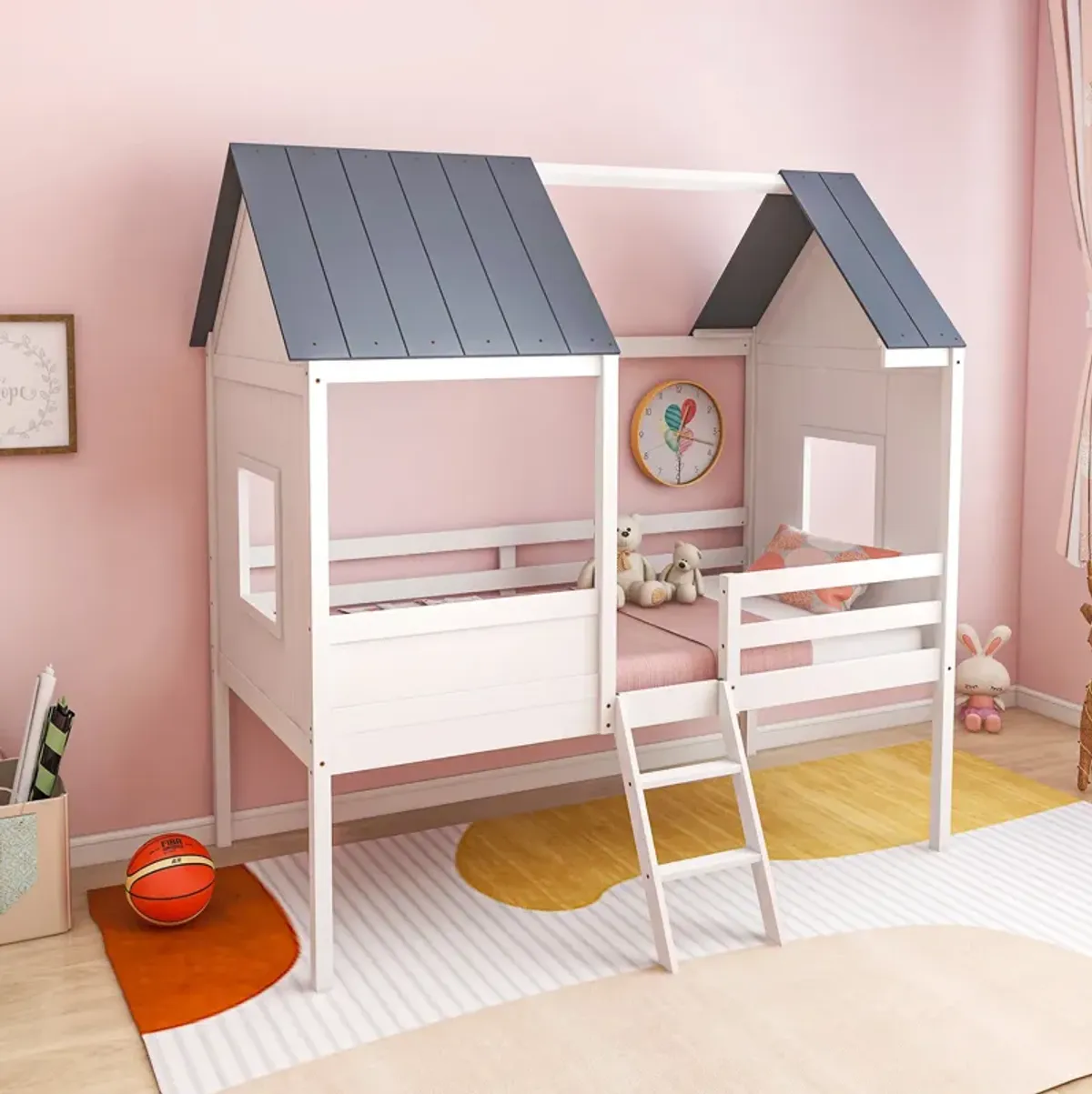 Twin Size Kids House Bed Low Loft Bed Frame with Roof-White