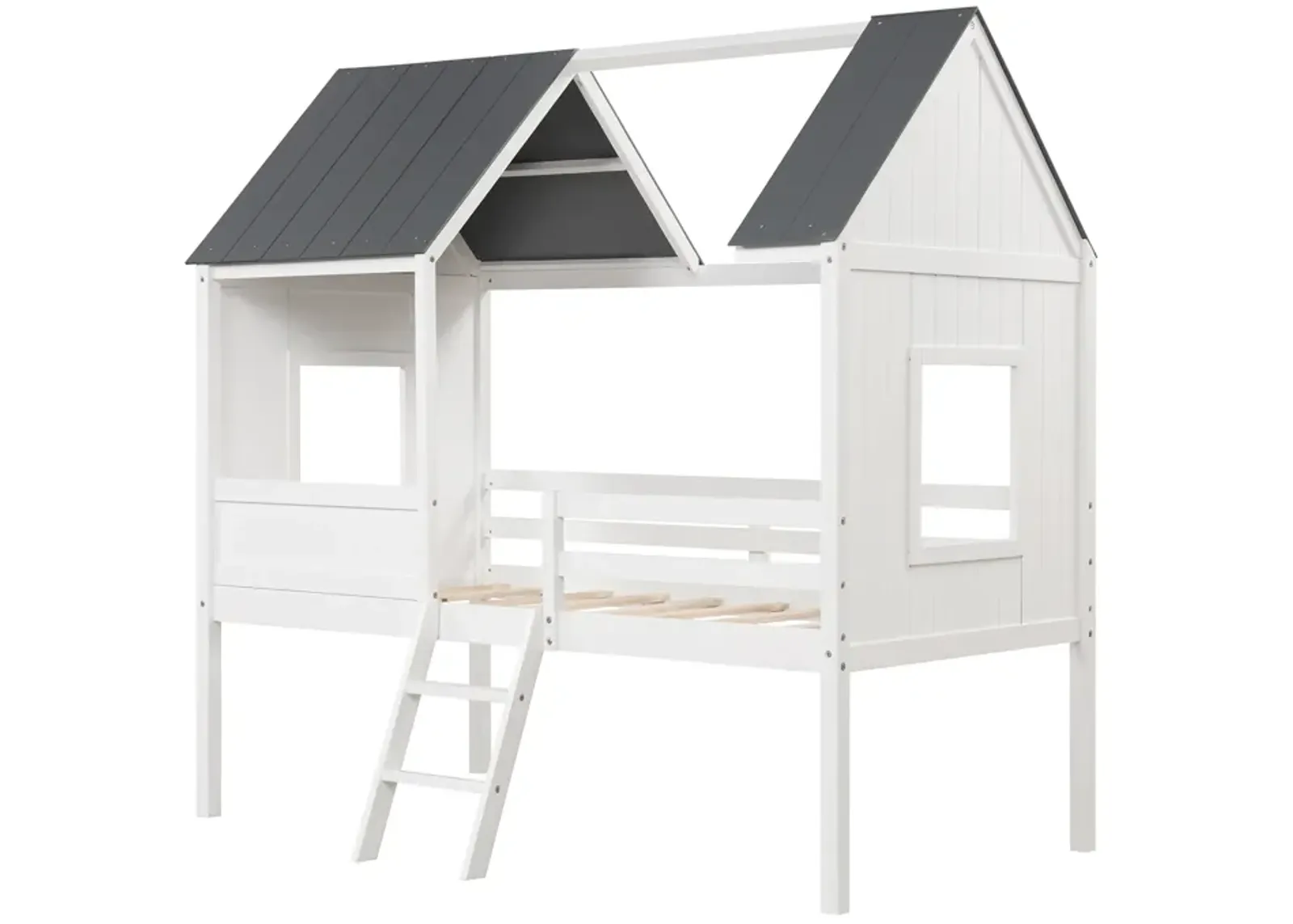 Twin Size Kids House Bed Low Loft Bed Frame with Roof-White