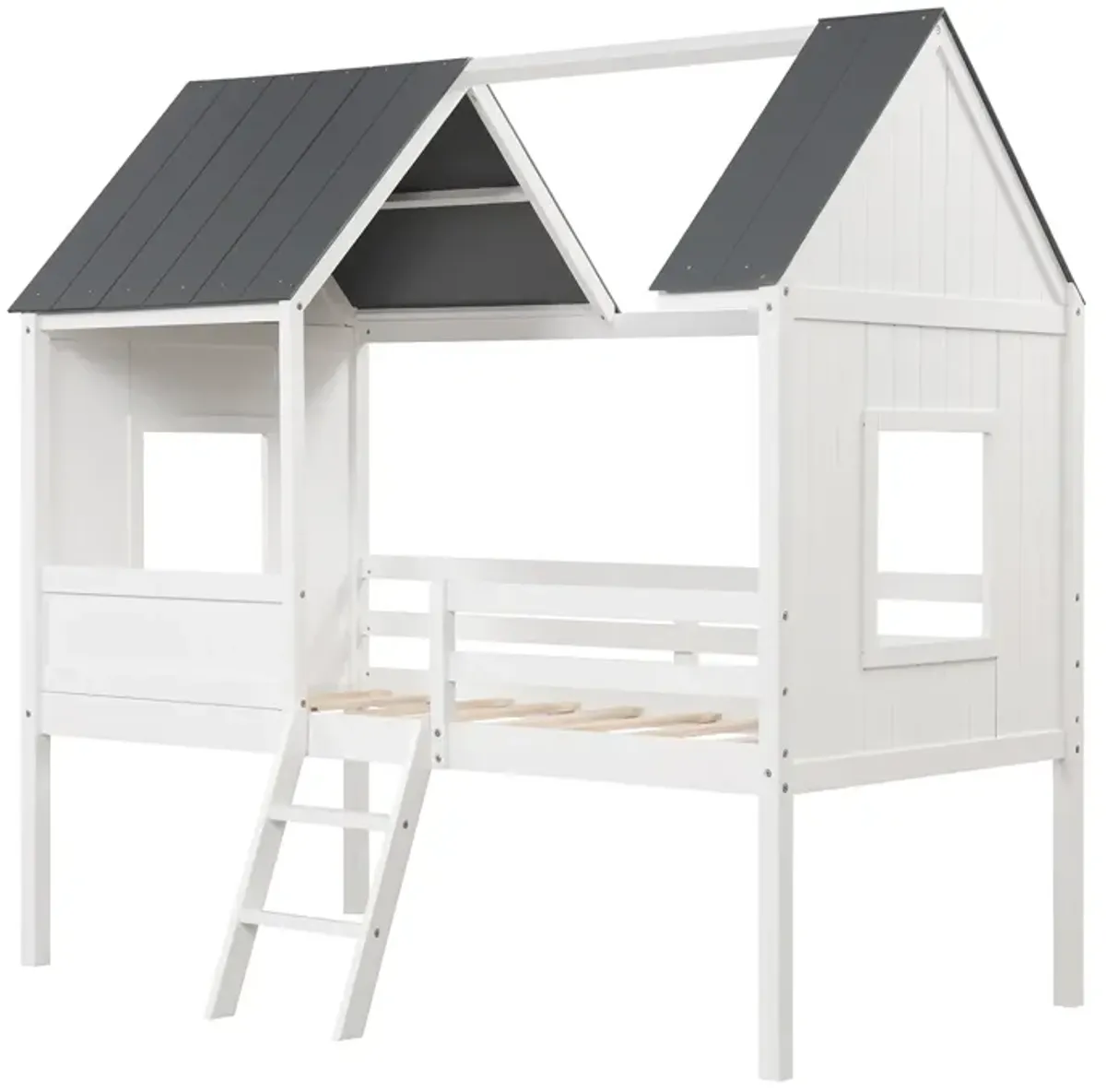 Twin Size Kids House Bed Low Loft Bed Frame with Roof-White