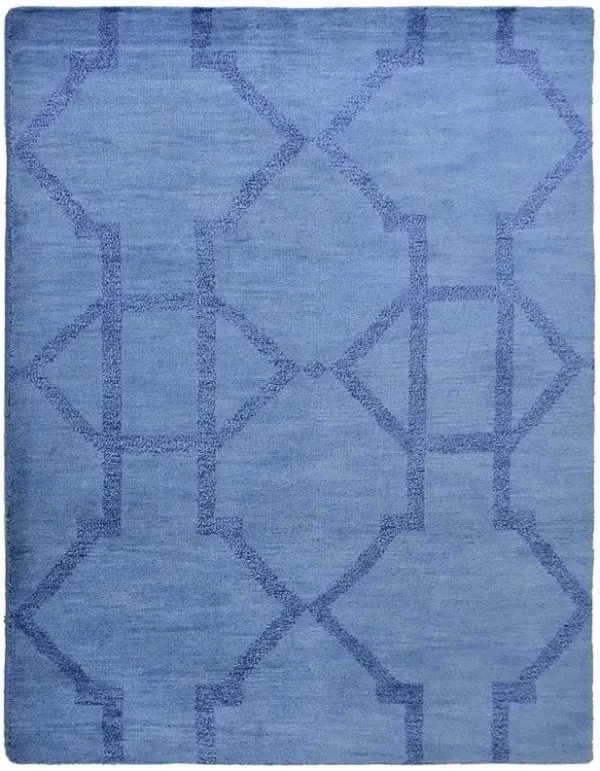 HAND KNOTTED WOOL Geometric AREA RUGS  - 5'x8', Rectangle Shape, Light Blue Blue Color, Geometric Modern, Medium Pile Handmade Area Rugs for Living Room, Bed Room (N00942)