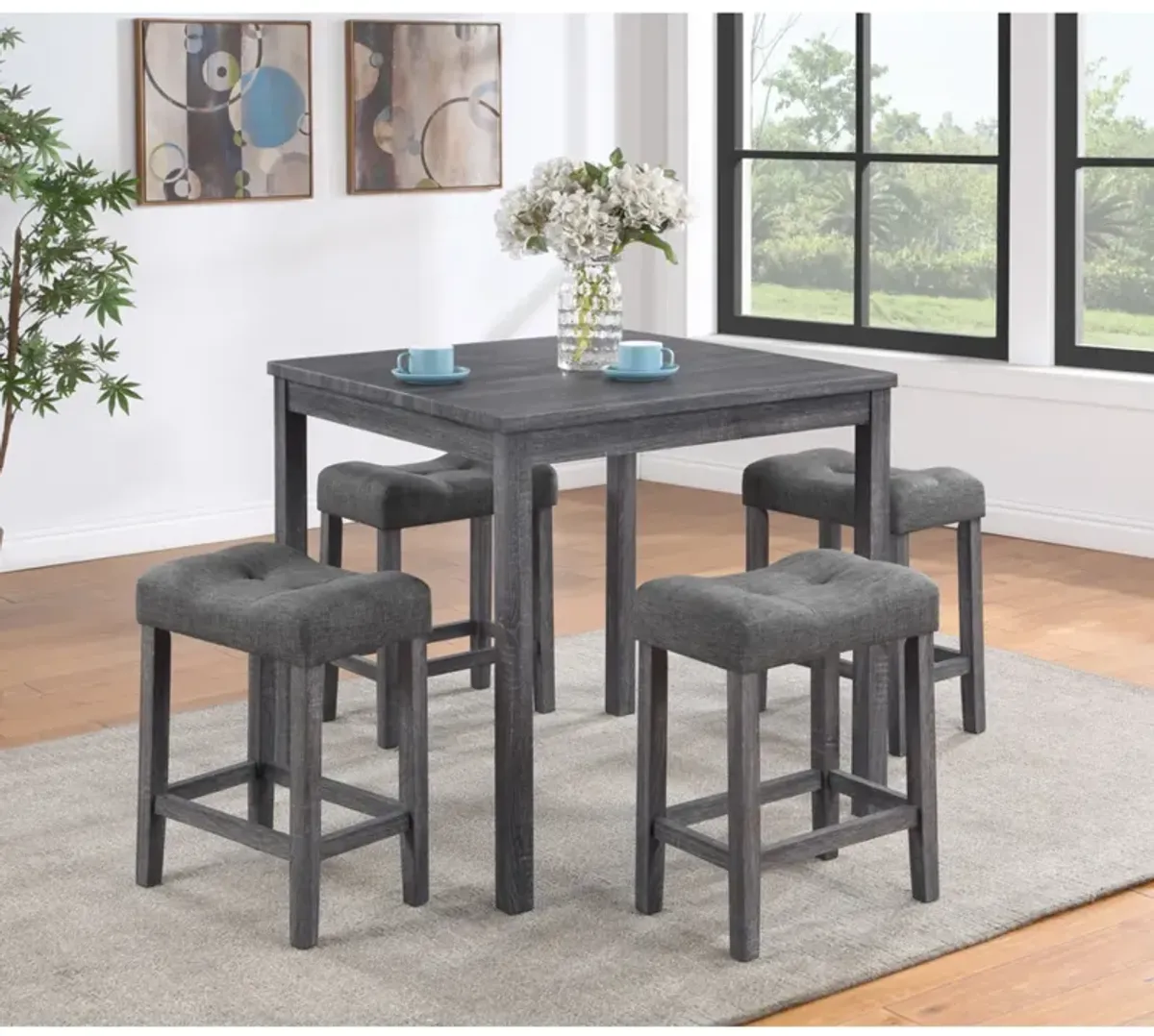 Lucian 5 Piece Counter Height Pub Table Set with Tufted Gray Linen Stools