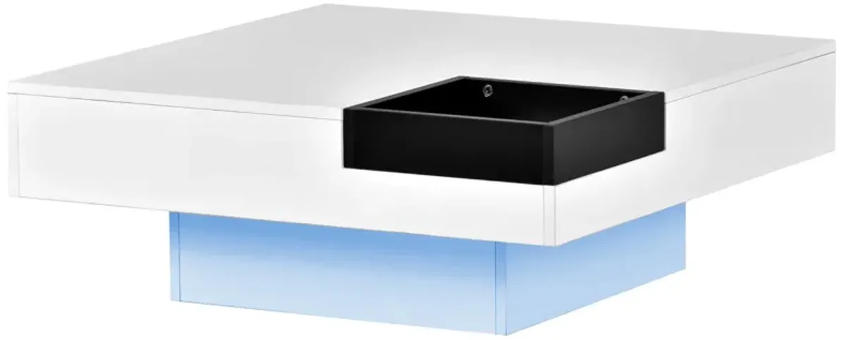 Modern Minimalist Design Square Coffee Table with Detachable Tray and Plug-in 16-color LED Strip Lights Remote Control