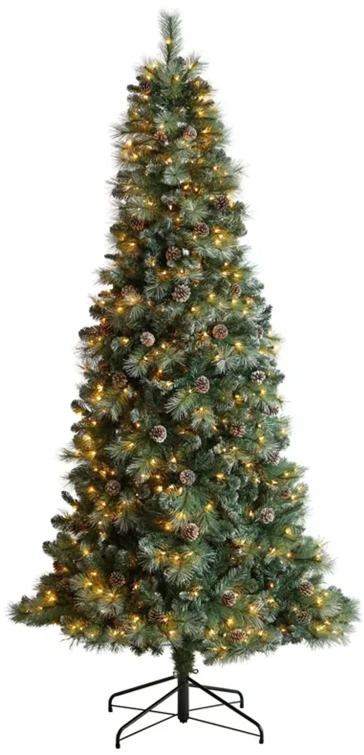 Nearly Natural Frosted Tip British Columbia Mountain Pine Artificial Christmas Tree with Clear Lights, Pine Cones and Bendable Branches