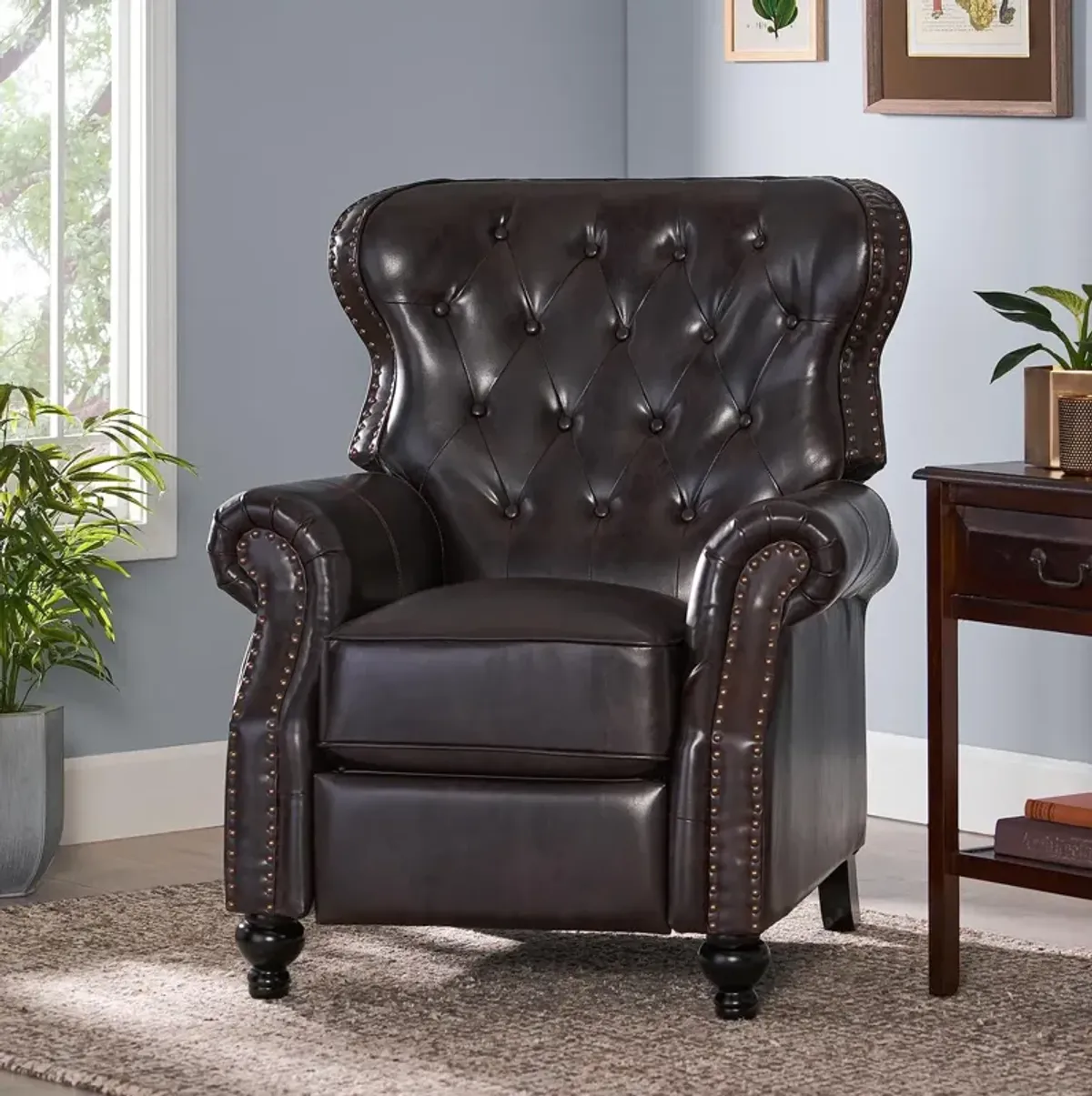 Contemporary Button-Tufted Pushback Recliner with Nailhead Accents