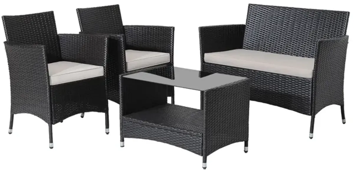 4 Pieces Patio Conversation Set with Soft Cushions and Tempered Glass Tabletop