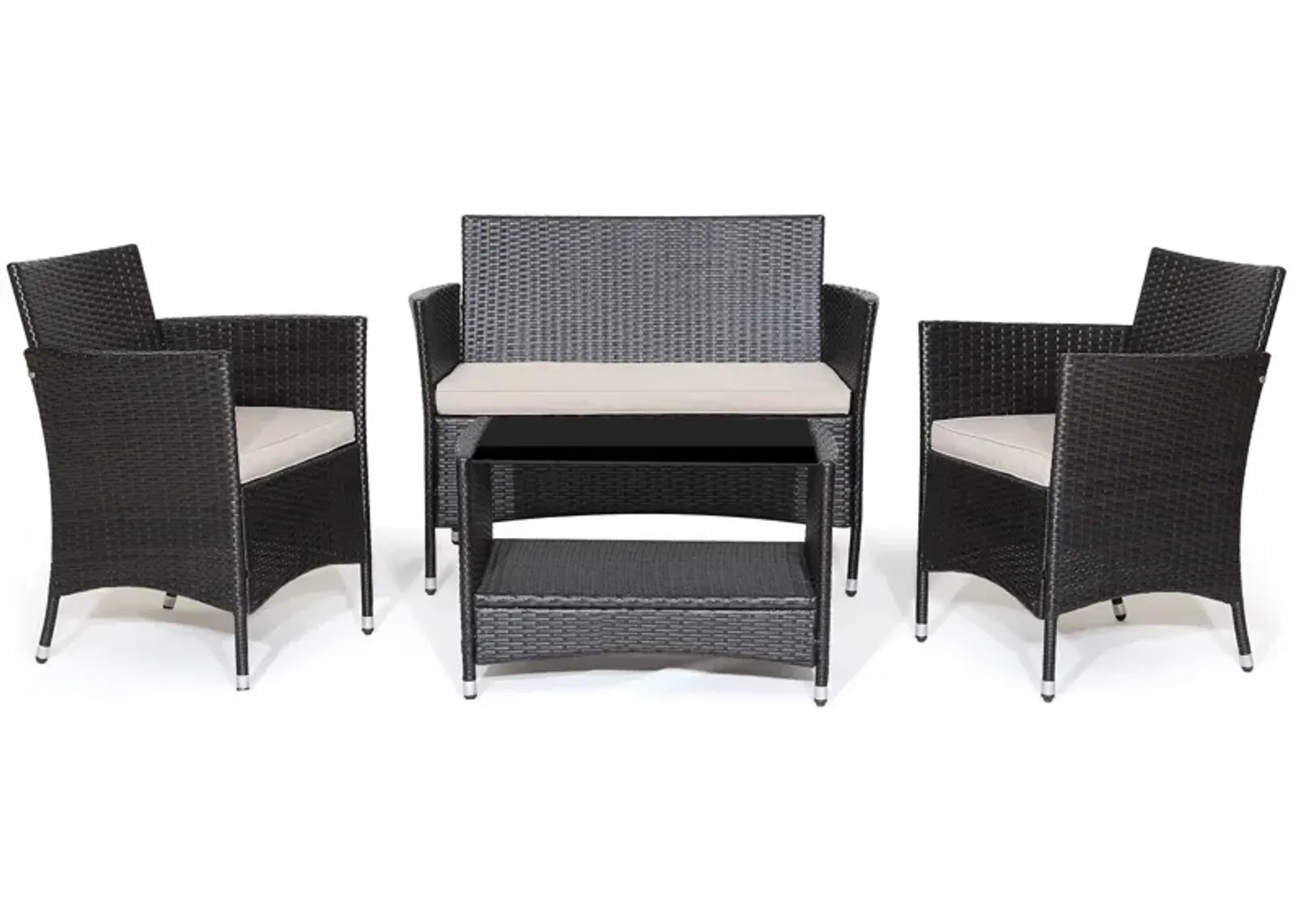 4 Pieces Patio Conversation Set with Soft Cushions and Tempered Glass Tabletop