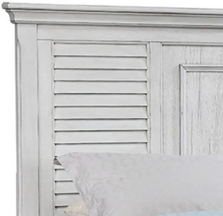 Eli Queen Panel Bed, Pine Wood Shutter Headboard, Molded Trim Antique White - Benzara