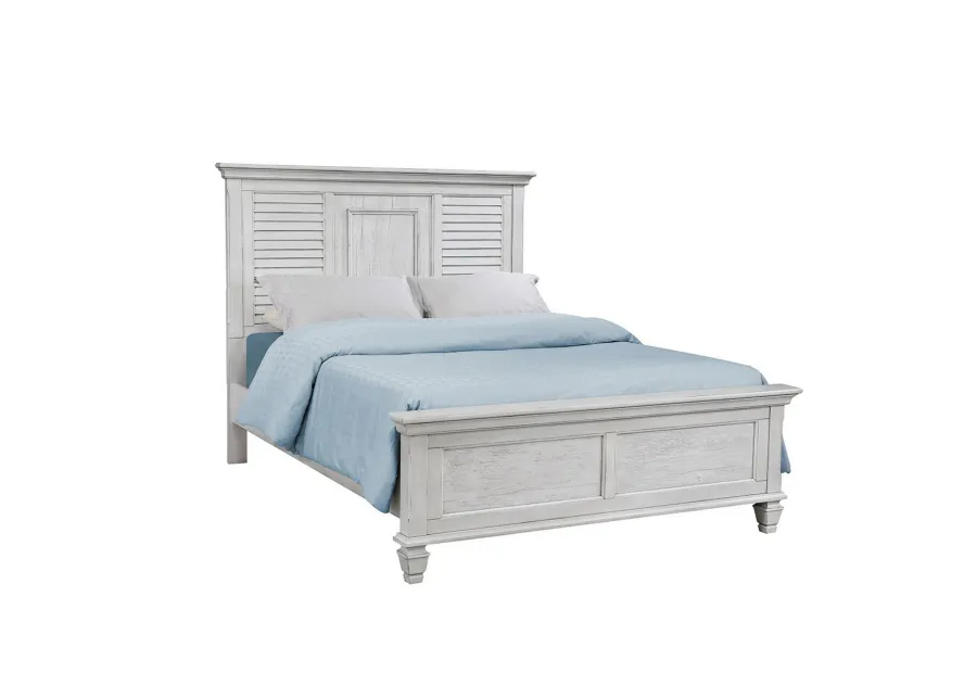 Eli Queen Panel Bed, Pine Wood Shutter Headboard, Molded Trim Antique White - Benzara