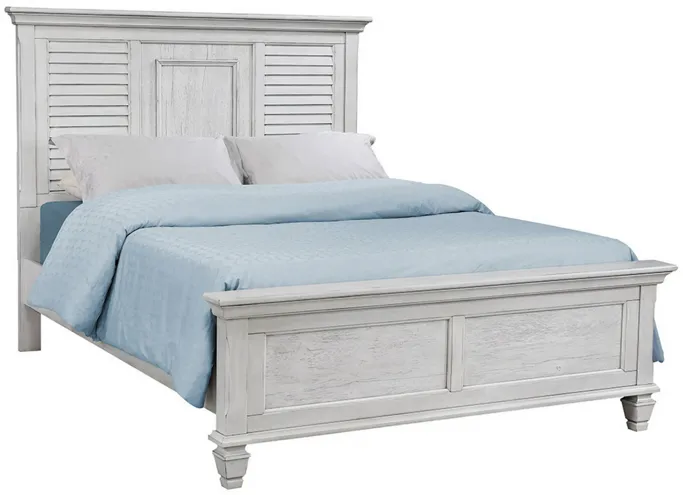 Eli Queen Panel Bed, Pine Wood Shutter Headboard, Molded Trim Antique White - Benzara