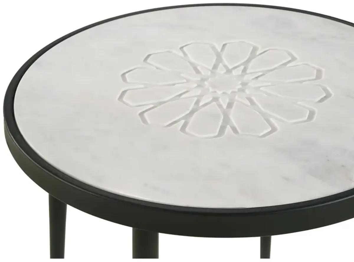 21 Inch Side End Table, Round Marble Top, Floral Motifs, Black Frame, White - Benzara