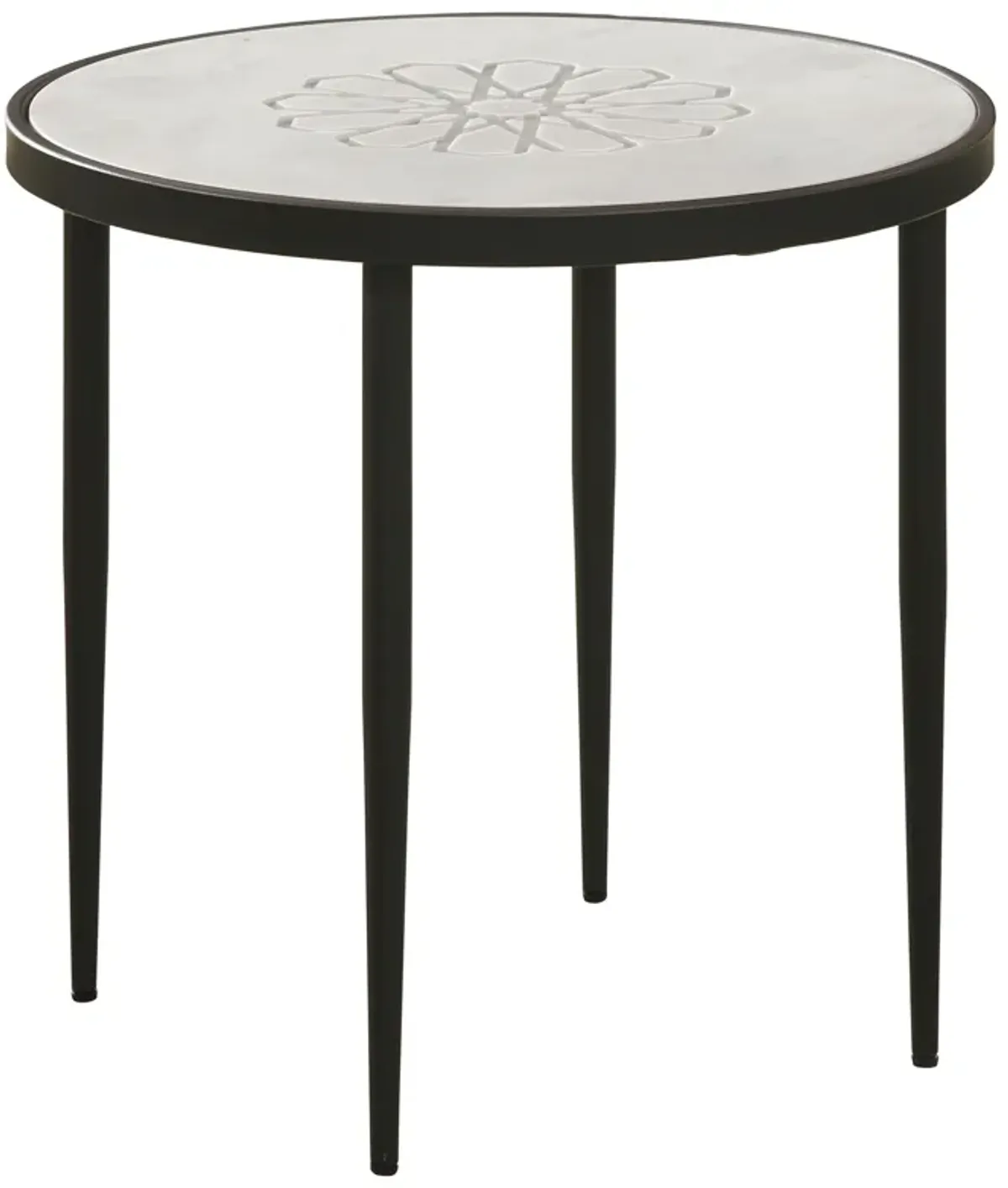 21 Inch Side End Table, Round Marble Top, Floral Motifs, Black Frame, White - Benzara