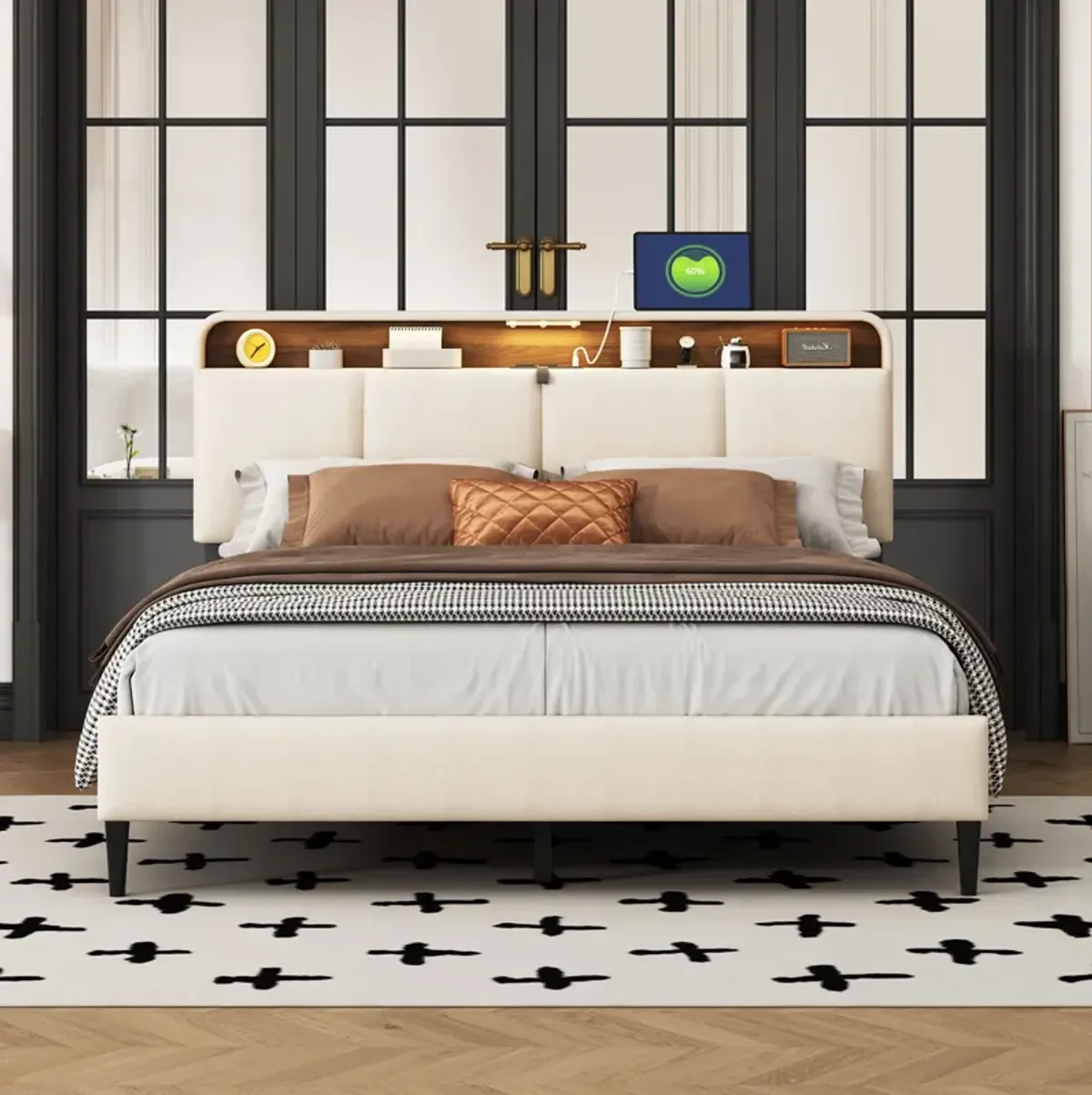 Merax Upholstered Platform Bed with Storage Headboard