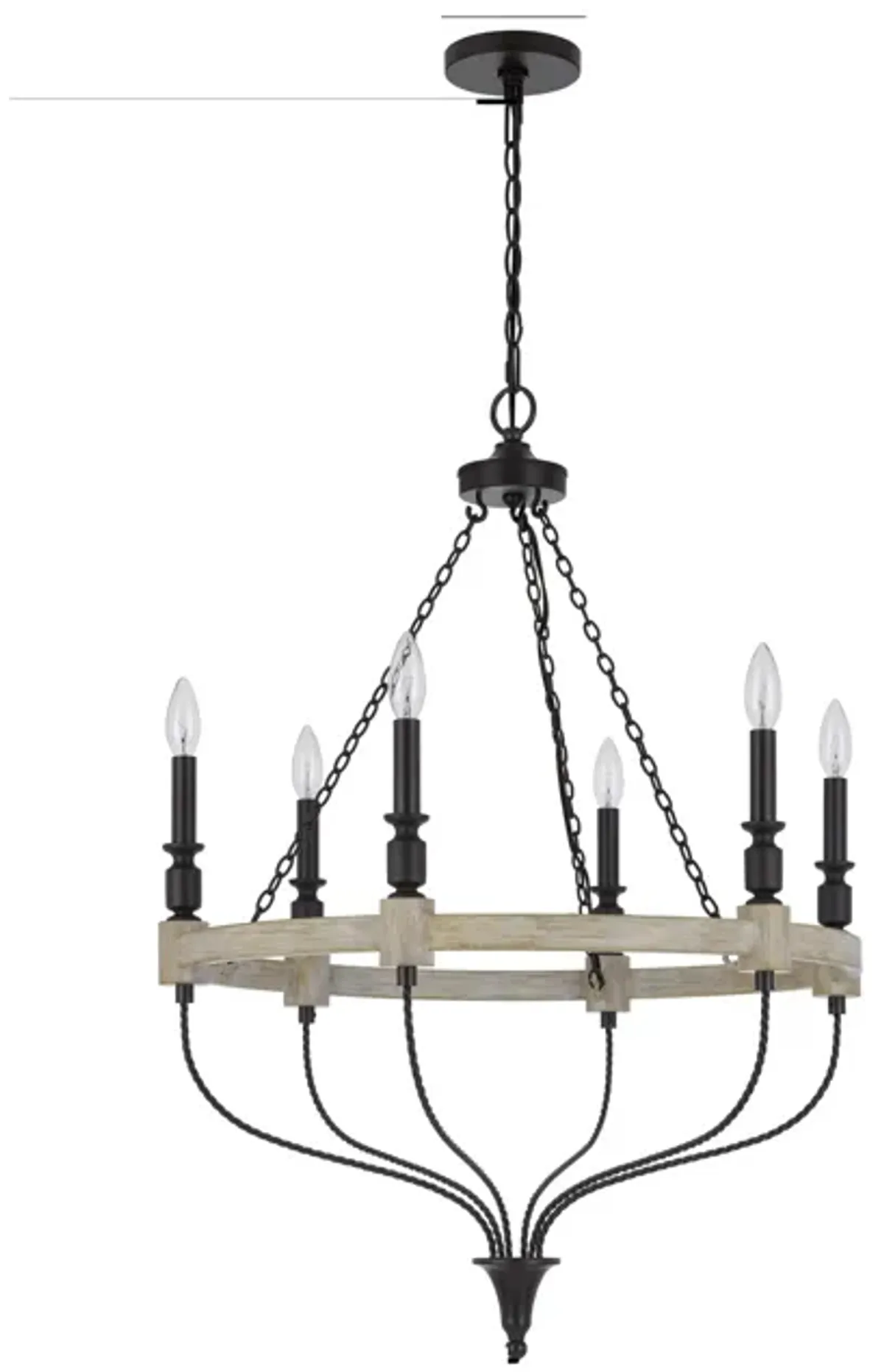 Omy 26 Inch Chandelier, Distressed Wood Wheel Candelabra Design, Black - Benzara