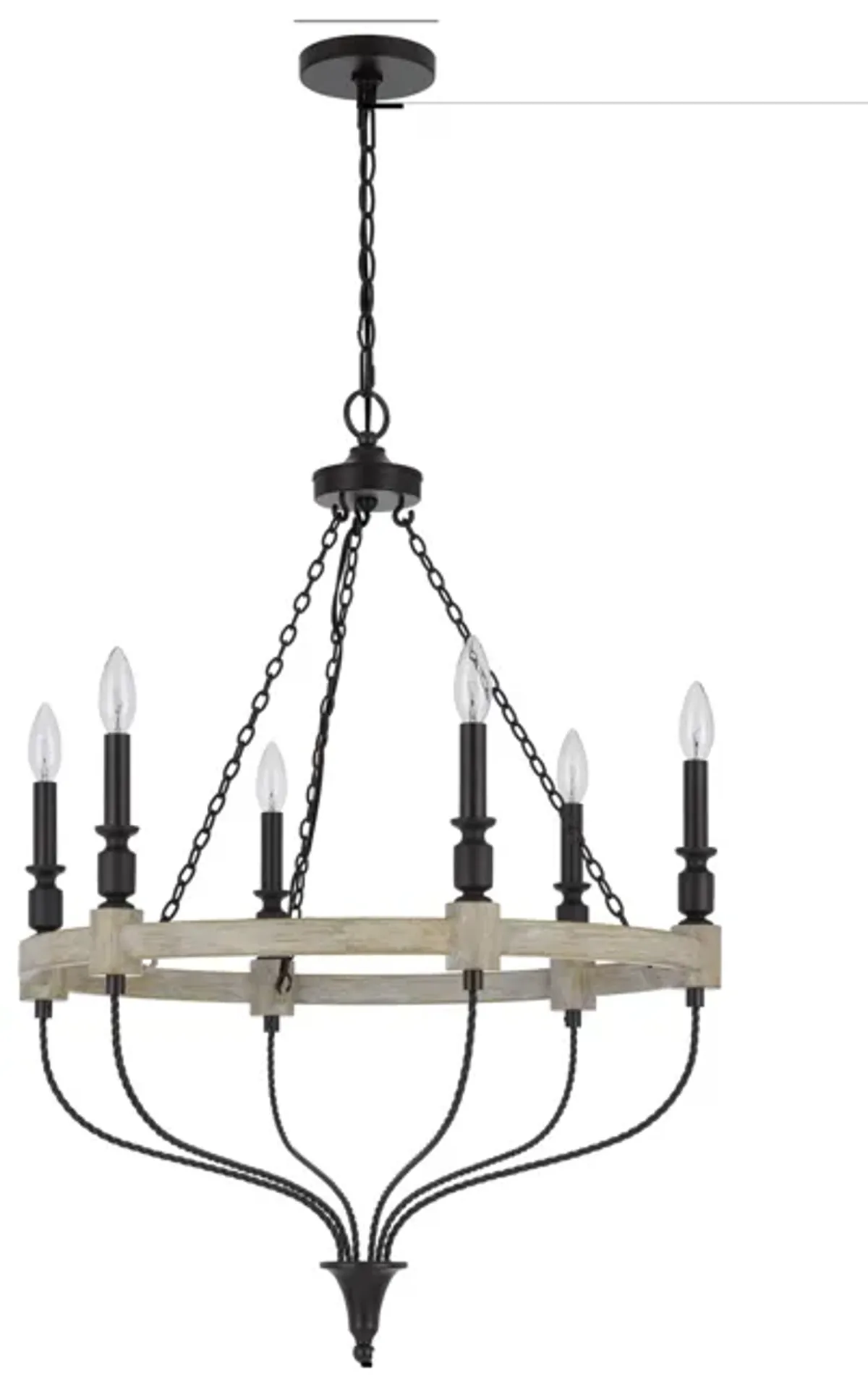 Omy 26 Inch Chandelier, Distressed Wood Wheel Candelabra Design, Black - Benzara
