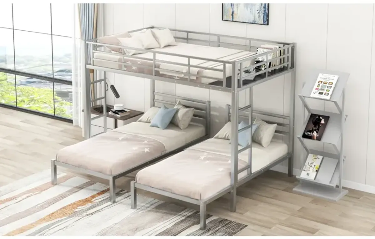 Full Over Twin&Twin Size Bunk Bed With Built-In Shelf, Silver