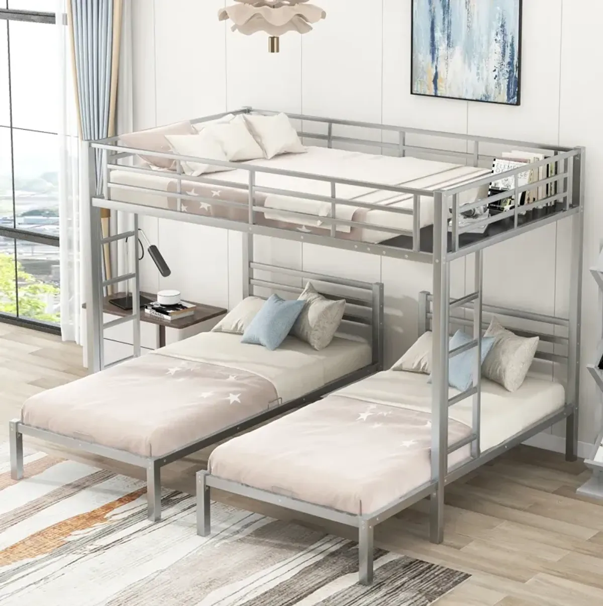 Full Over Twin&Twin Size Bunk Bed With Built-In Shelf, Silver