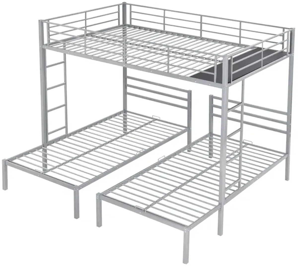 Full Over Twin&Twin Size Bunk Bed With Built-In Shelf, Silver