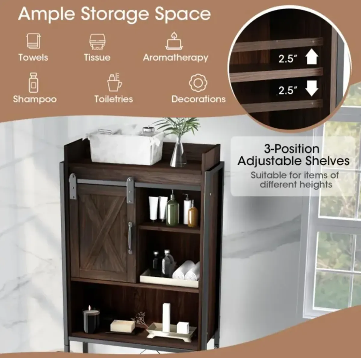 Hivvago 4-Tier Multifunctional Toilet Sorage Cabinet with Adjustable Shelf and Sliding Barn Door