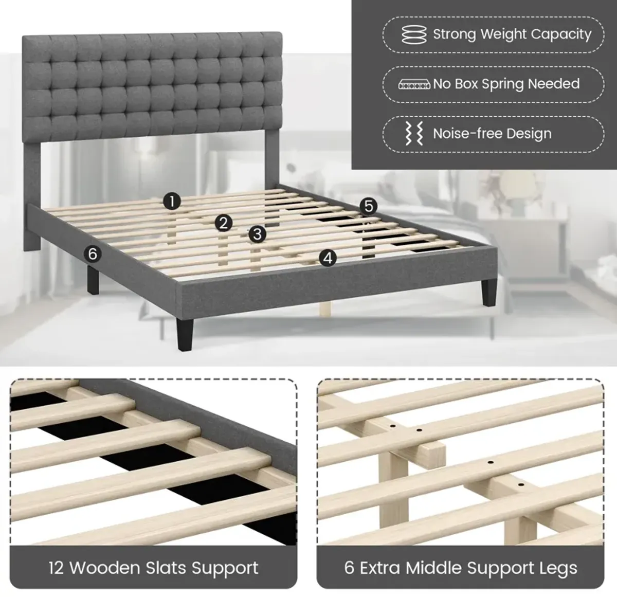 Queen Size Upholstered Platform Bed with Square Stitched Headboard